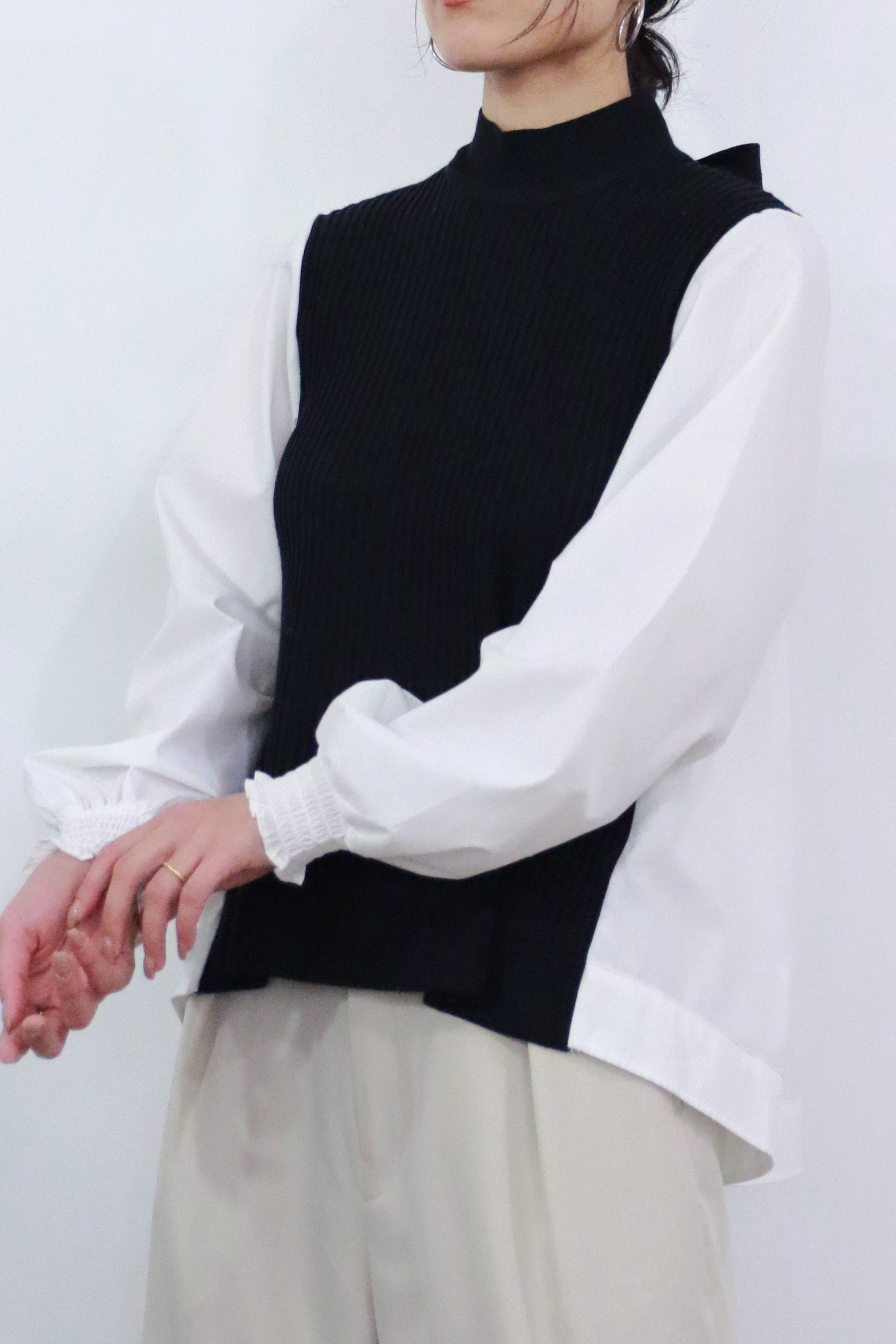 ニット×ブロード布帛 ハイネックブラウス(6255-371 / 6262ー484)