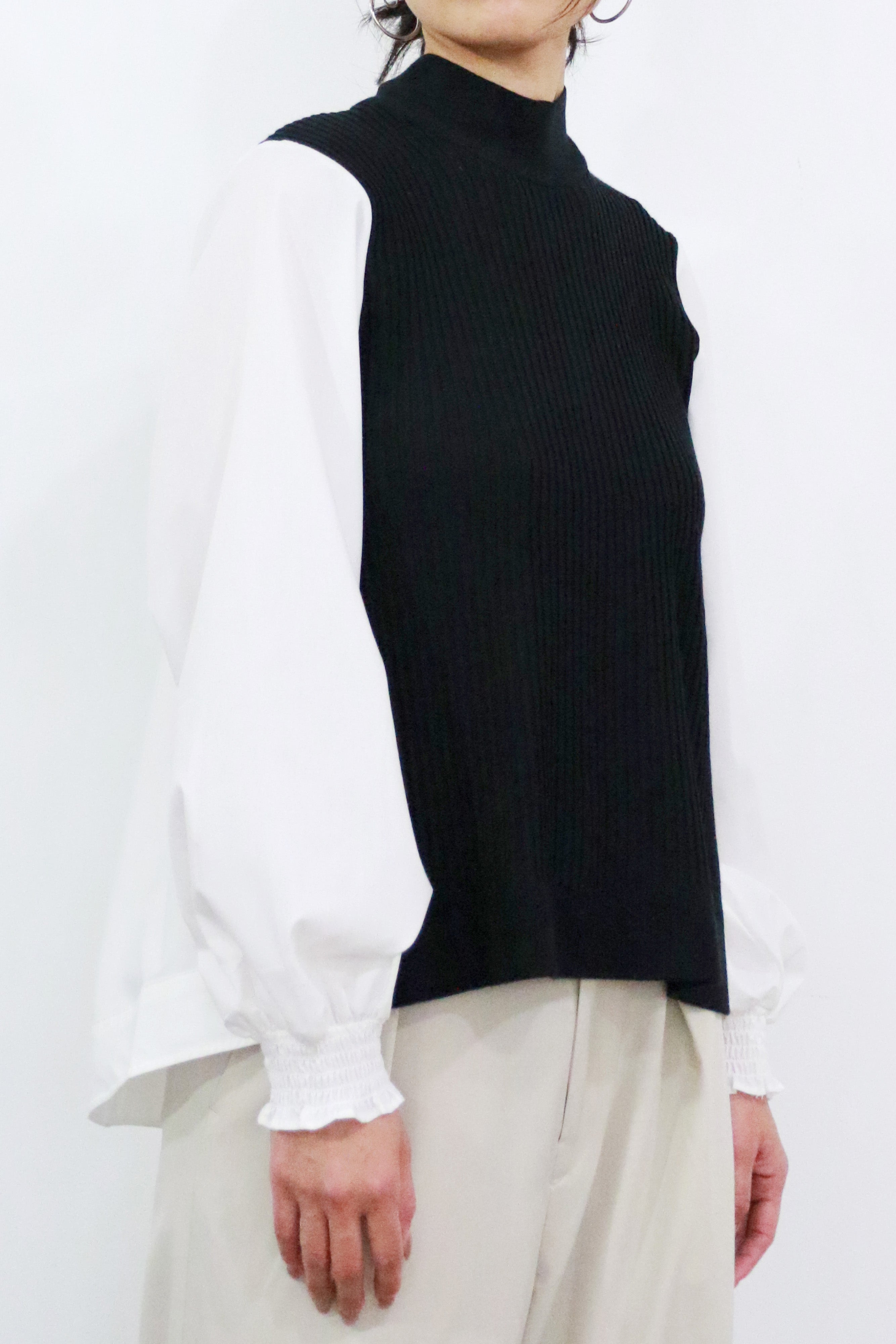 ニット×ブロード布帛 ハイネックブラウス(6255-371 / 6262ー484)