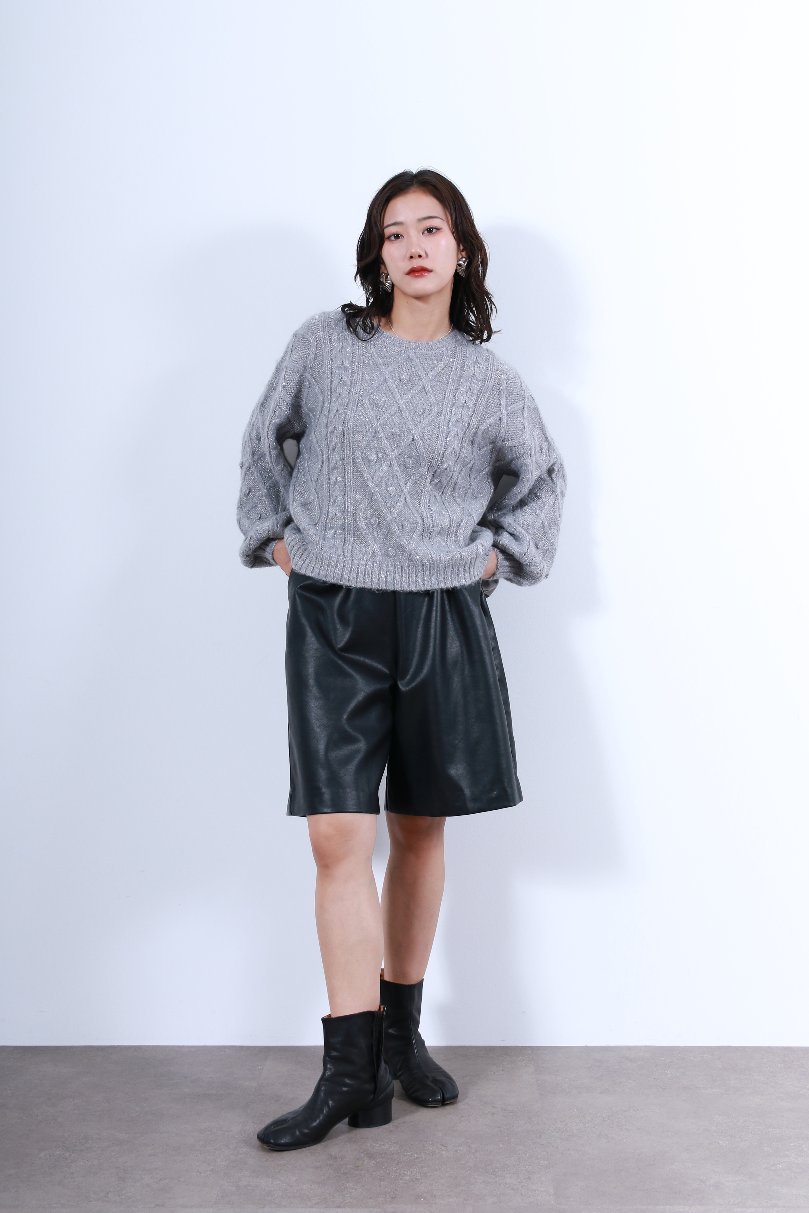 ケーブルニット×後ろバルーン布帛トップス(6263-515)