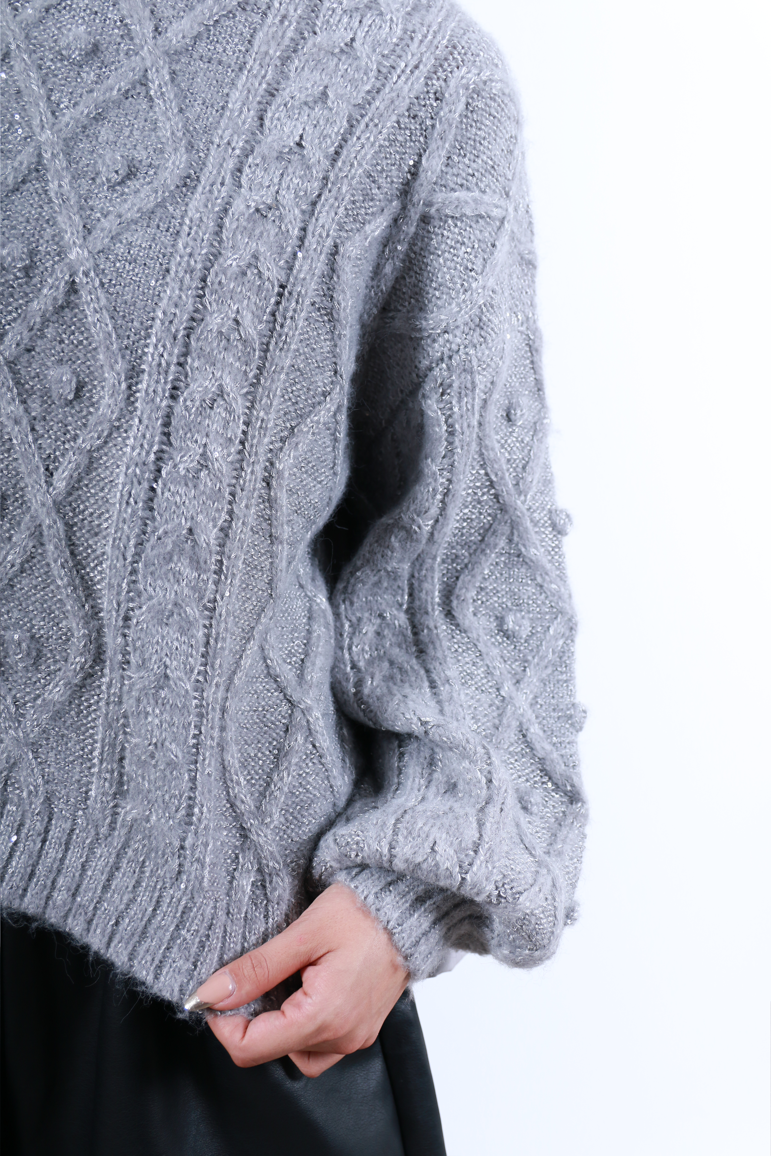 ケーブルニット×後ろバルーン布帛トップス(6263-515)