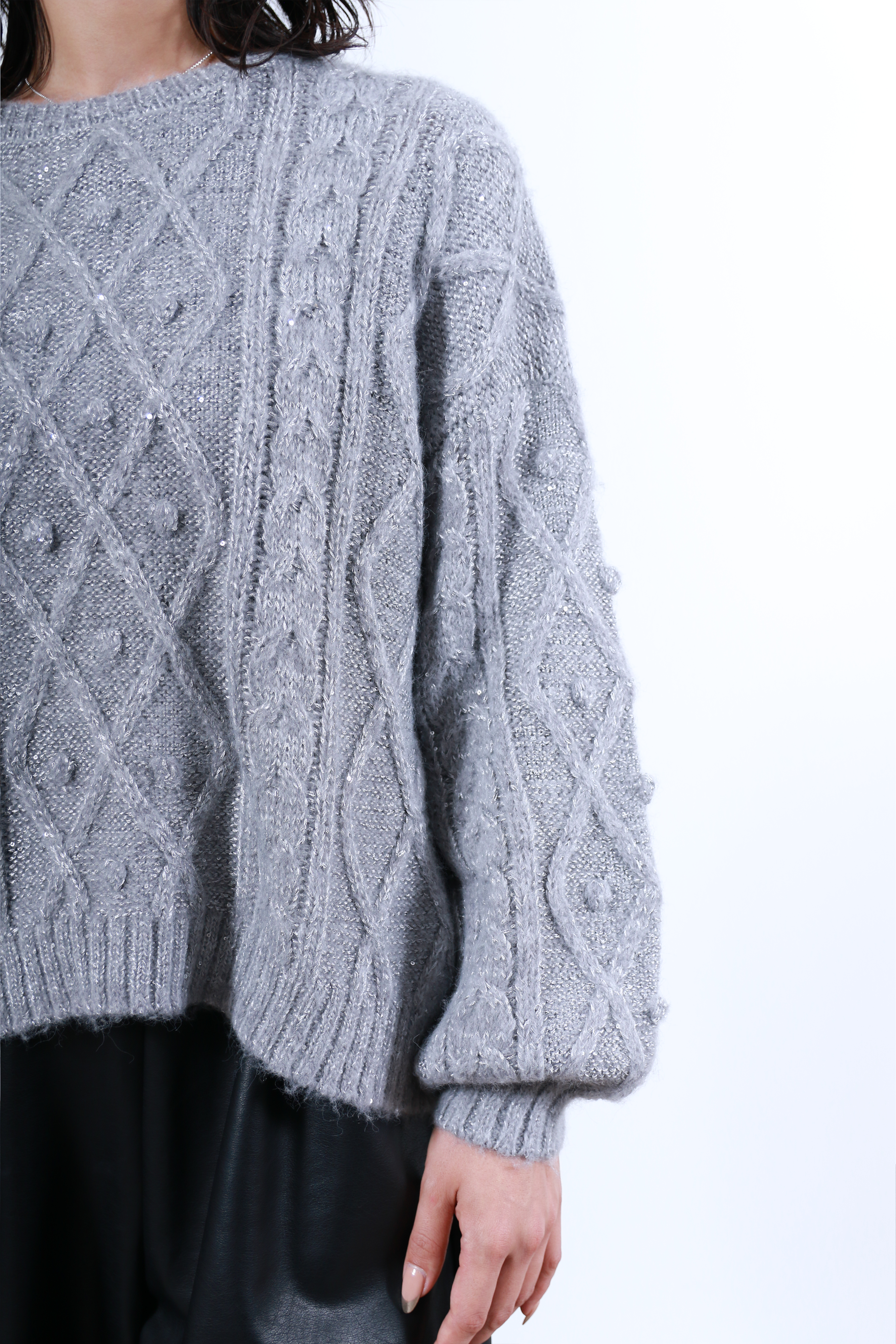 ケーブルニット×後ろバルーン布帛トップス(6263-515)