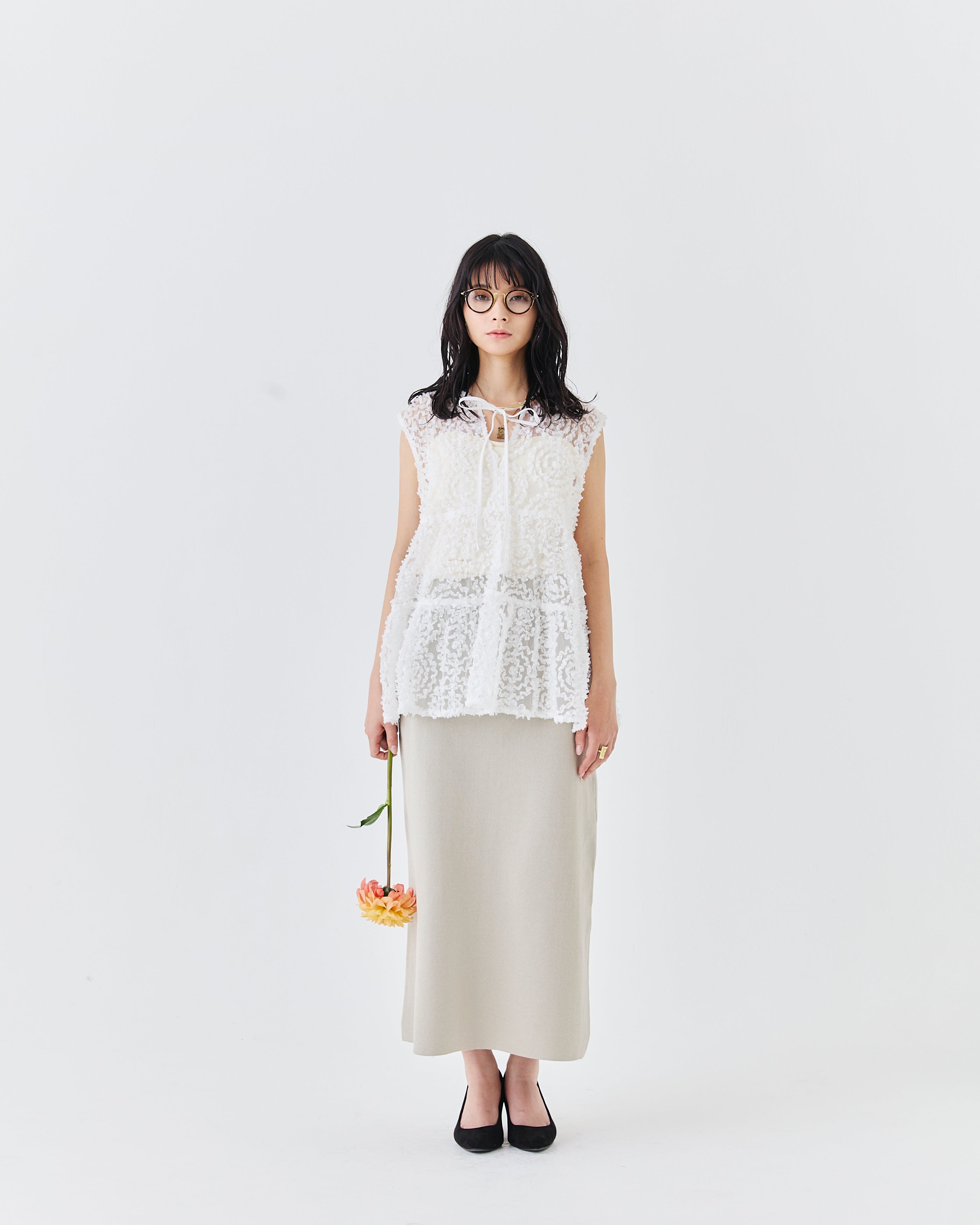 メッシュ刺繍レースノースリーブトップス(6265-571)