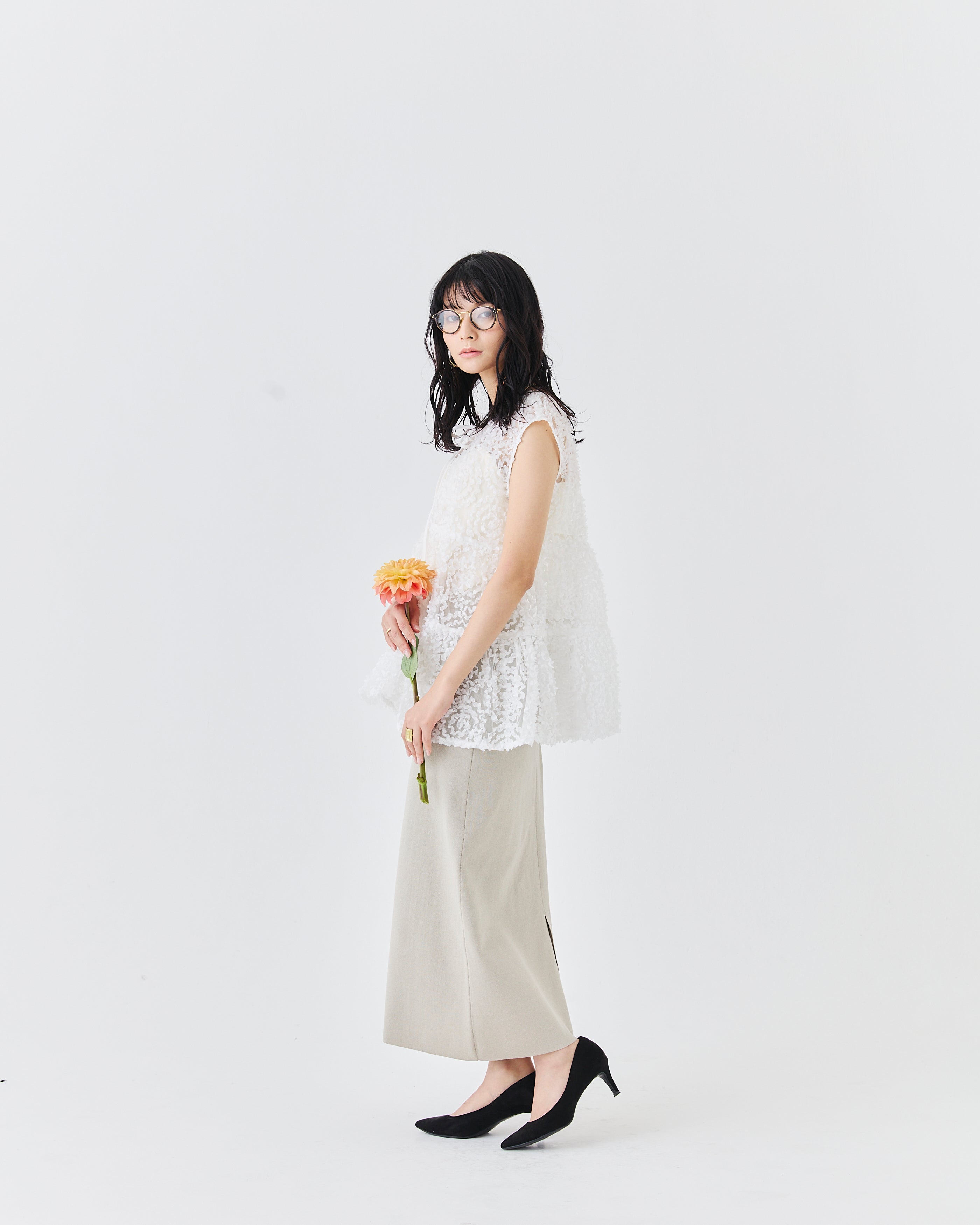 メッシュ刺繍レースノースリーブトップス(6265-571)