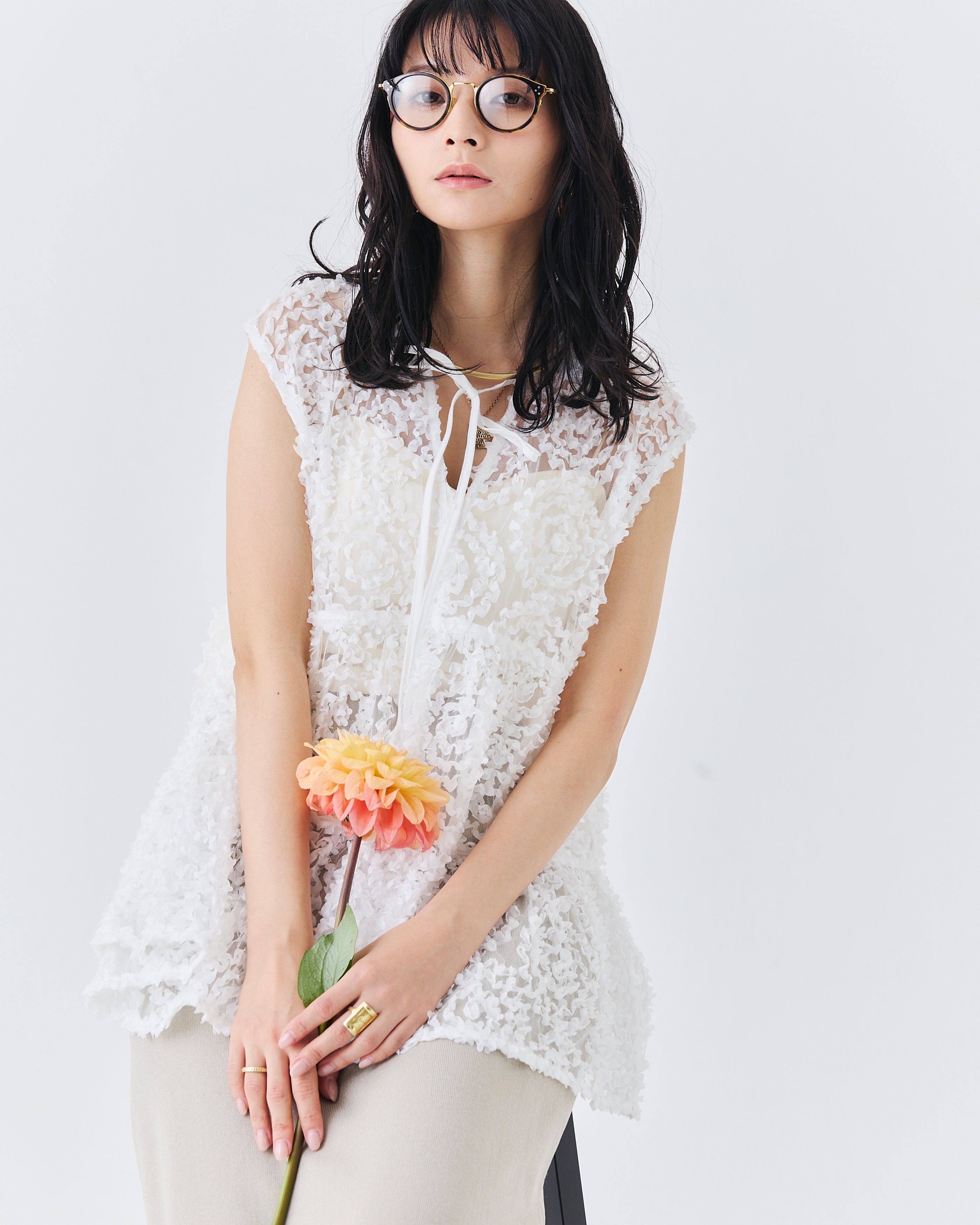 メッシュ刺繍レースノースリーブトップス(6265-571)