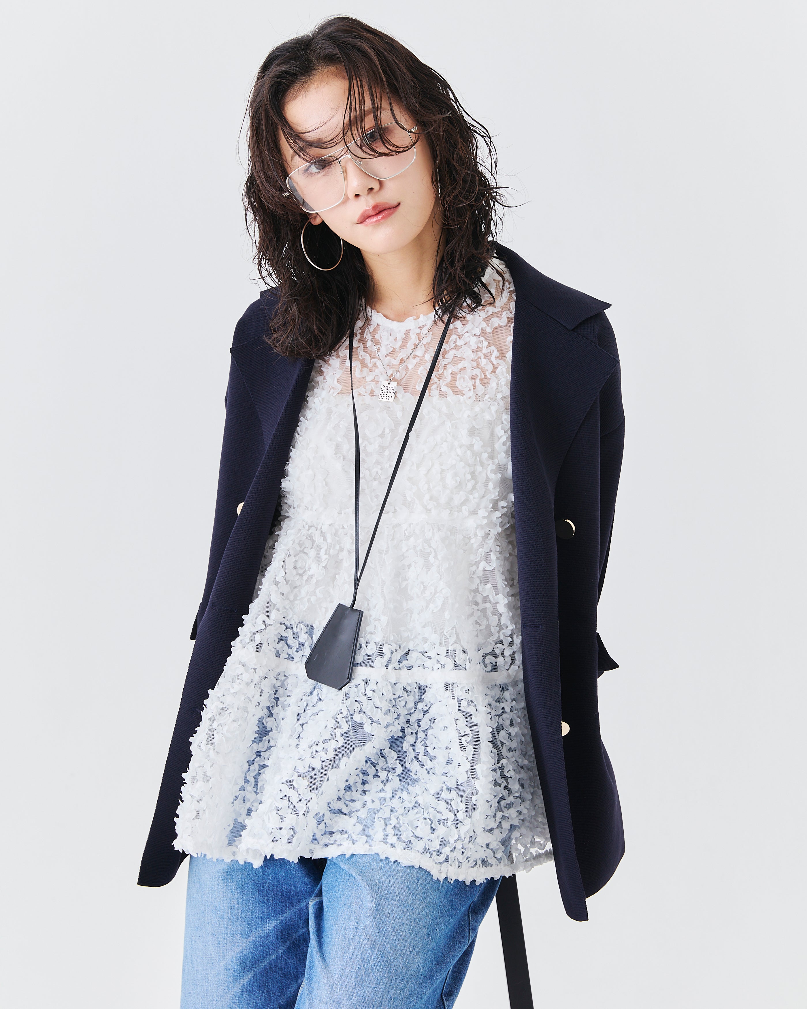 メッシュ刺繍レースノースリーブトップス(6265-571)