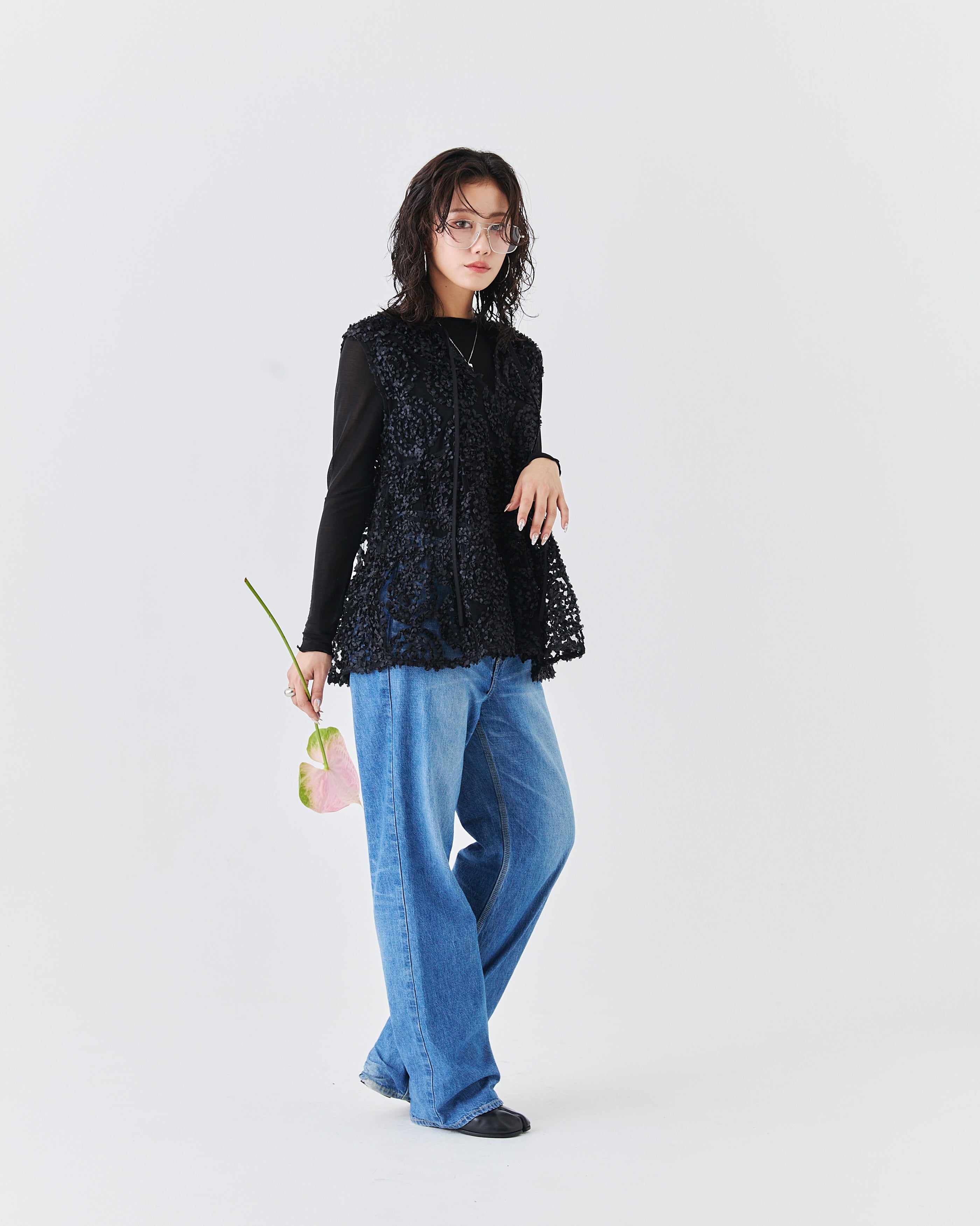 メッシュ刺繍レースノースリーブトップス(6265-571)