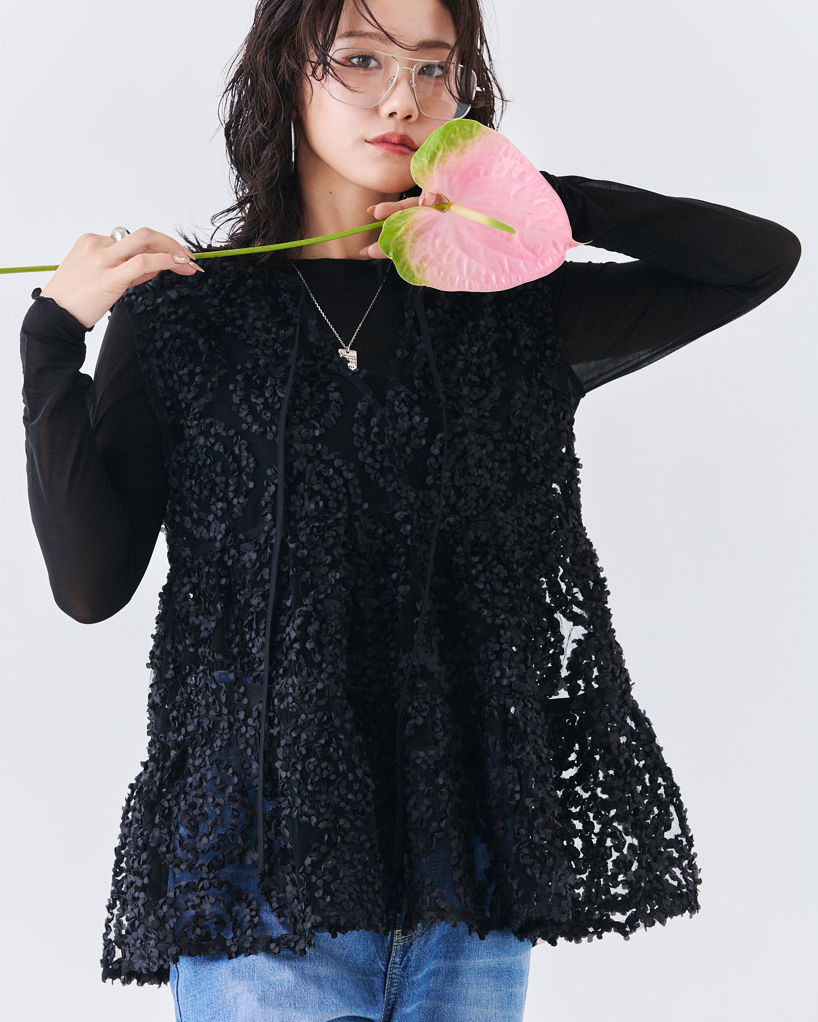 メッシュ刺繍レースノースリーブトップス(6265-571)
