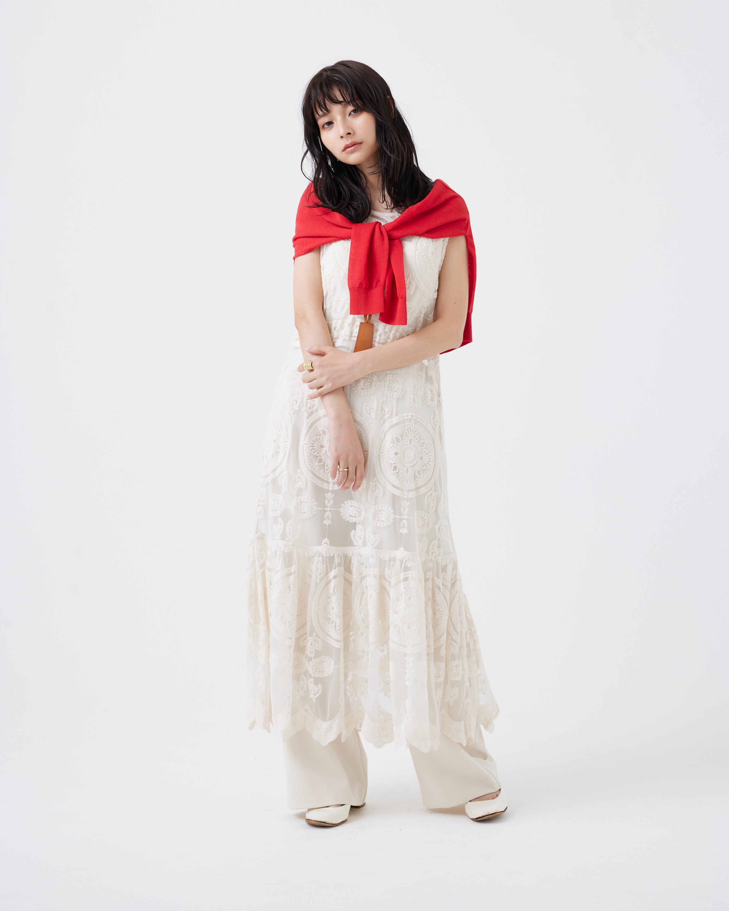 麻混クロップド丈ビジューカーディガン(6251-680)