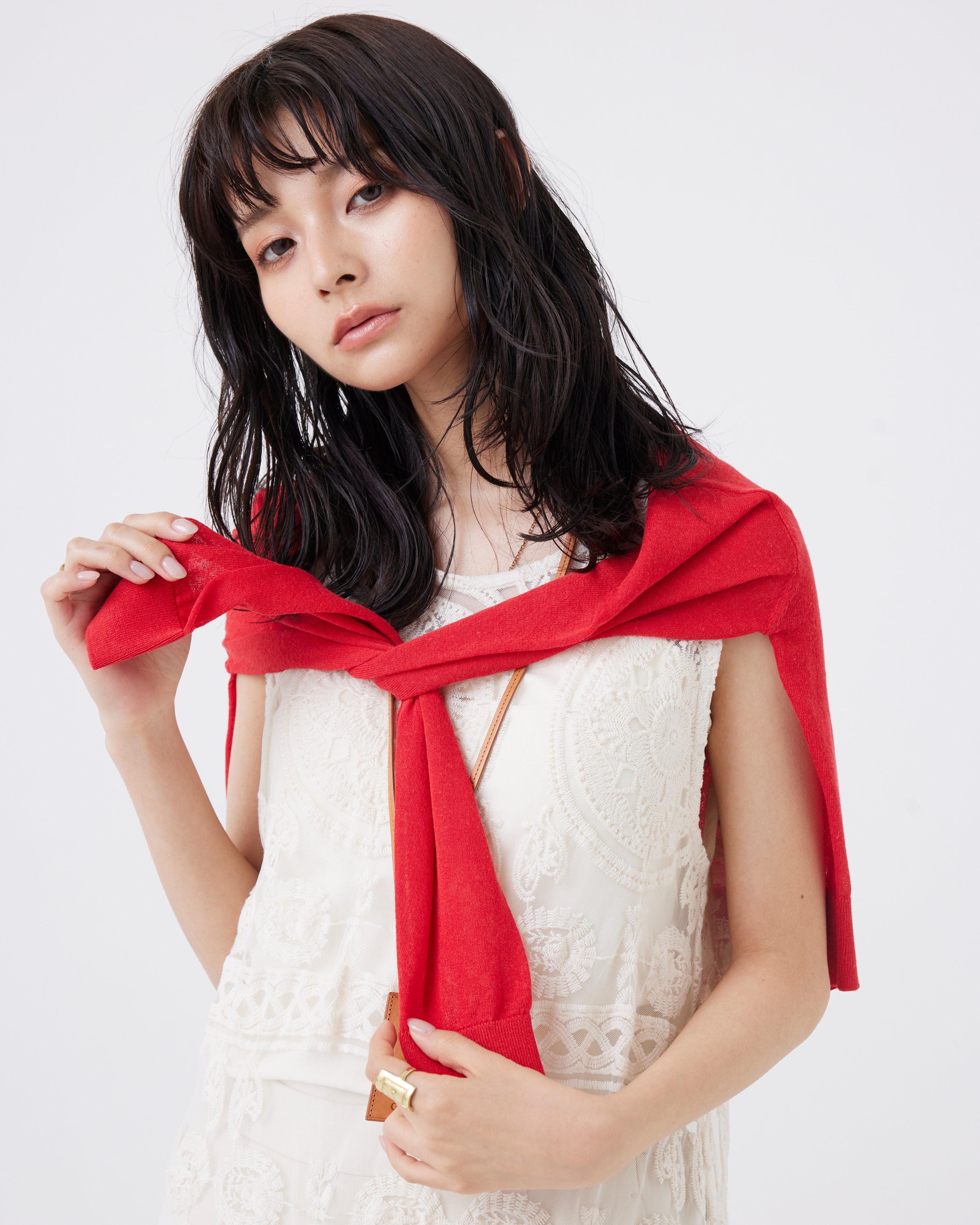 麻混クロップド丈ビジューカーディガン(6251-680)