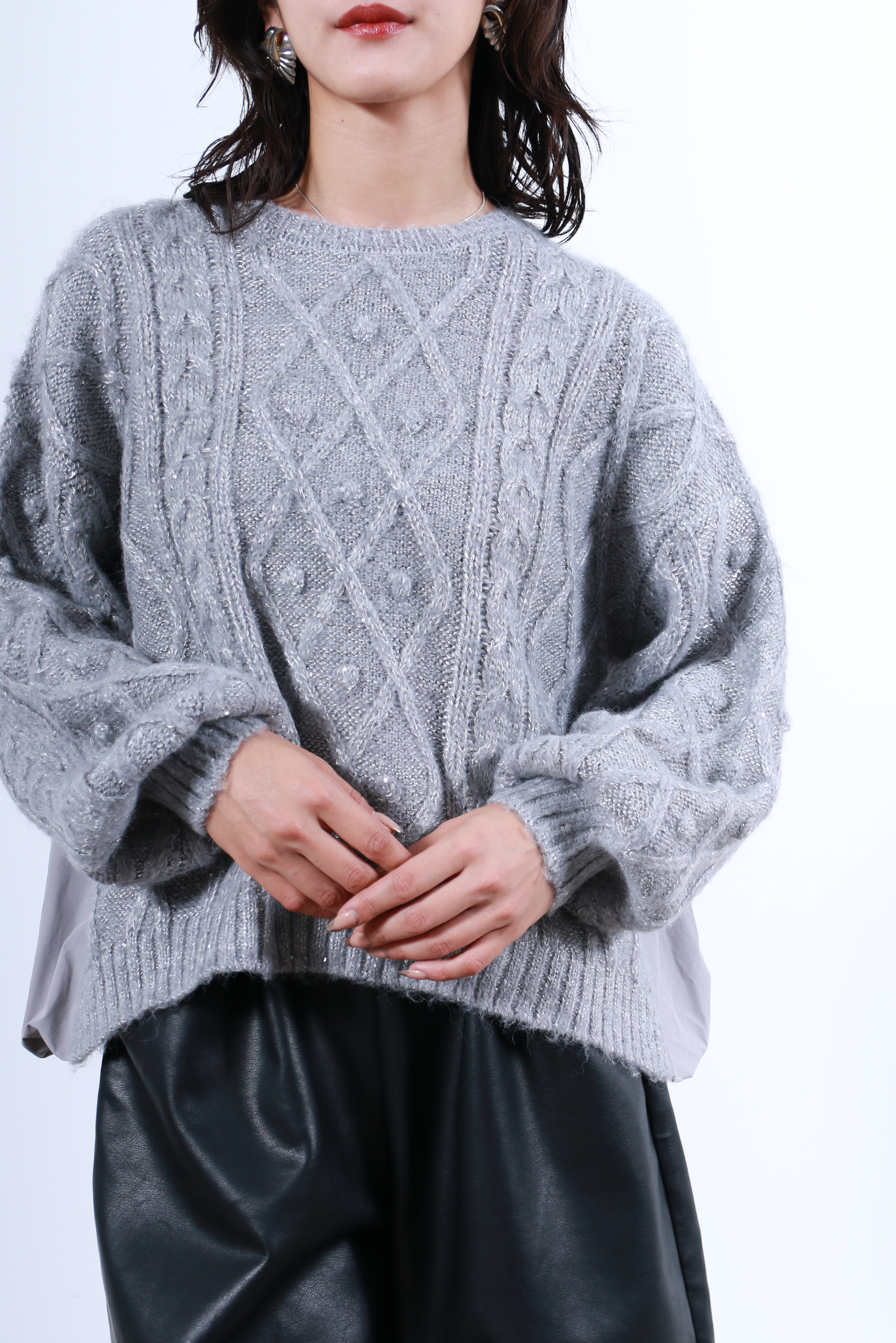 ケーブルニット×後ろバルーン布帛トップス(6263-515)