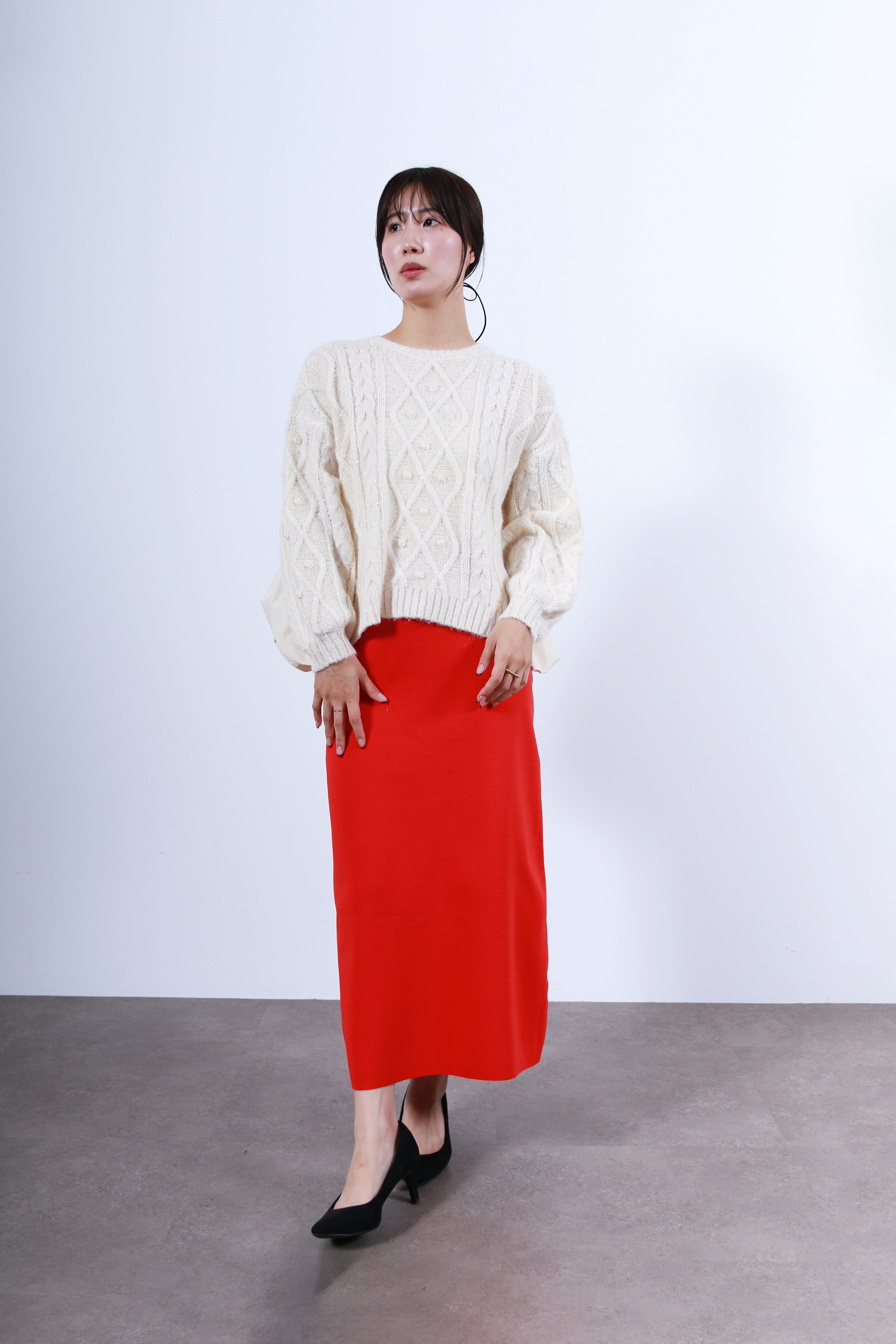 ケーブルニット×後ろバルーン布帛トップス(6263-515)