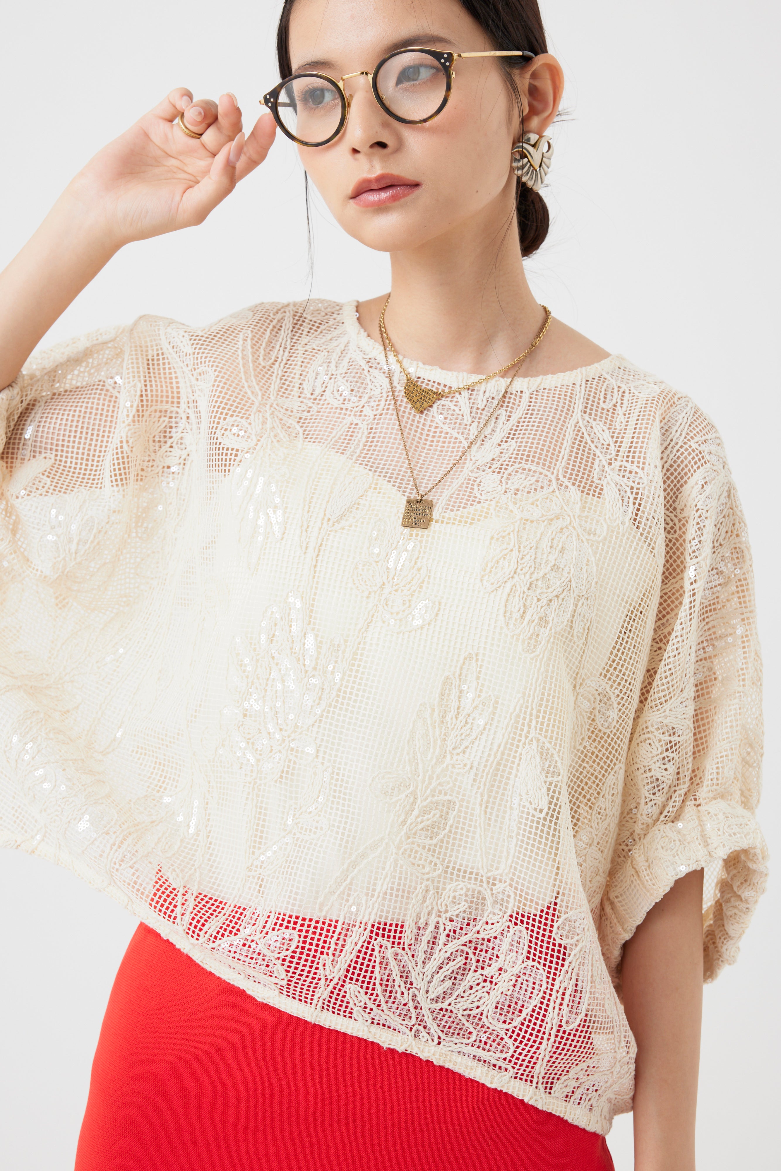 ボタニカルパターンスパングルドルマンブラウス(6260-375)