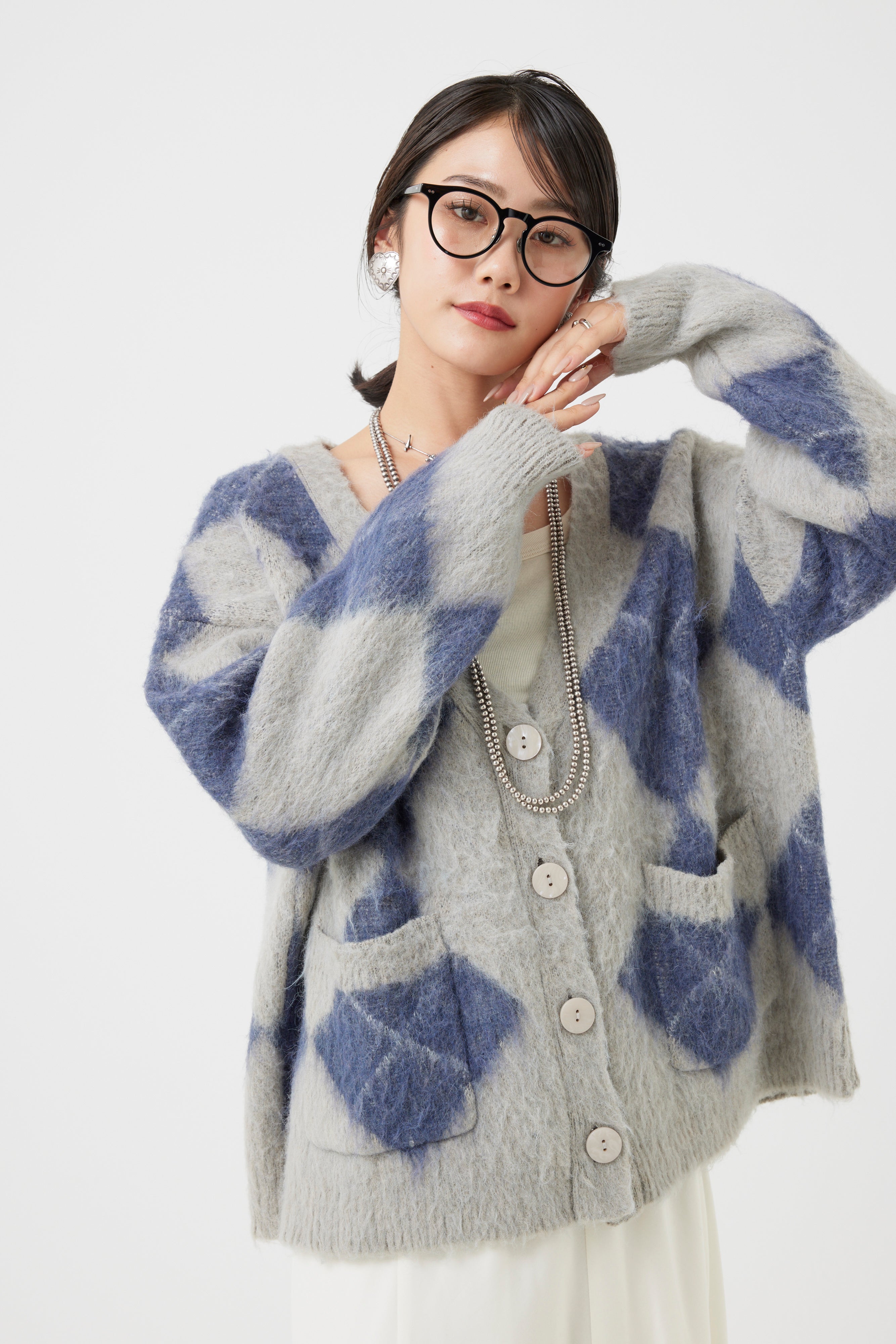 アーガイル柄モヘアカーディガン(6262-480)