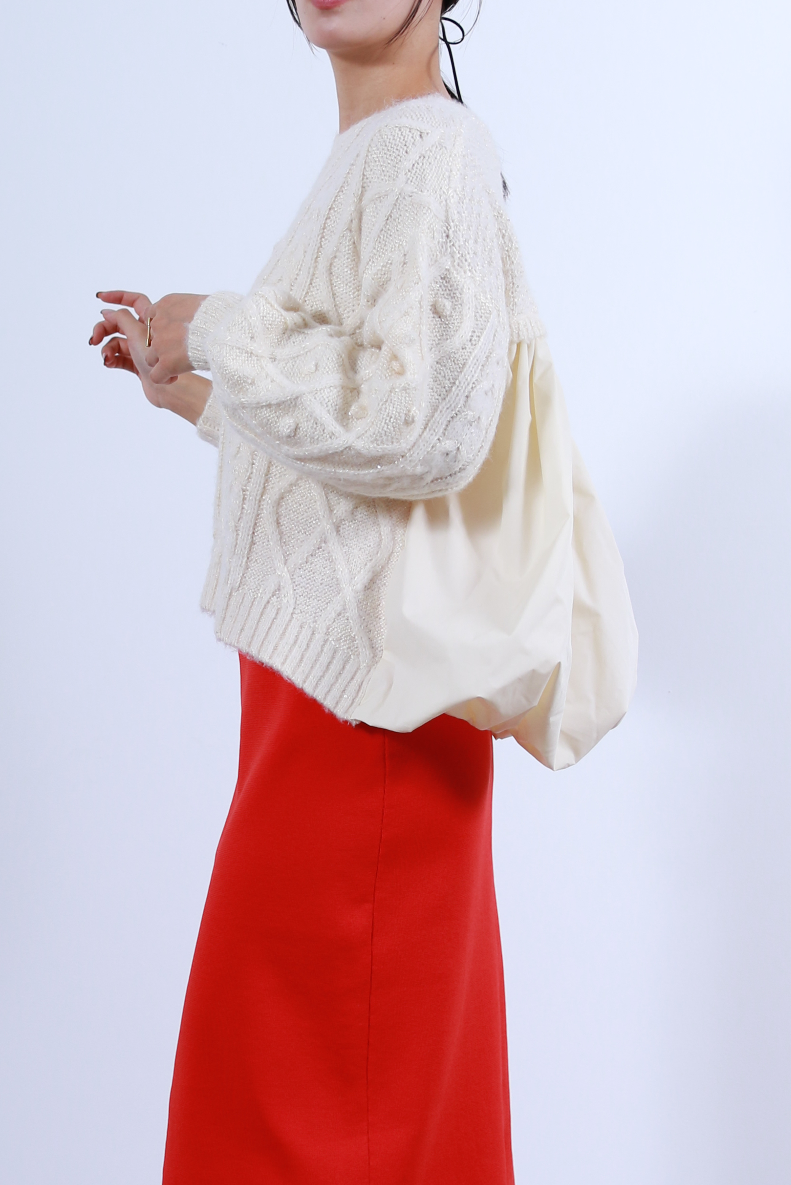 ケーブルニット×後ろバルーン布帛トップス(6263-515)