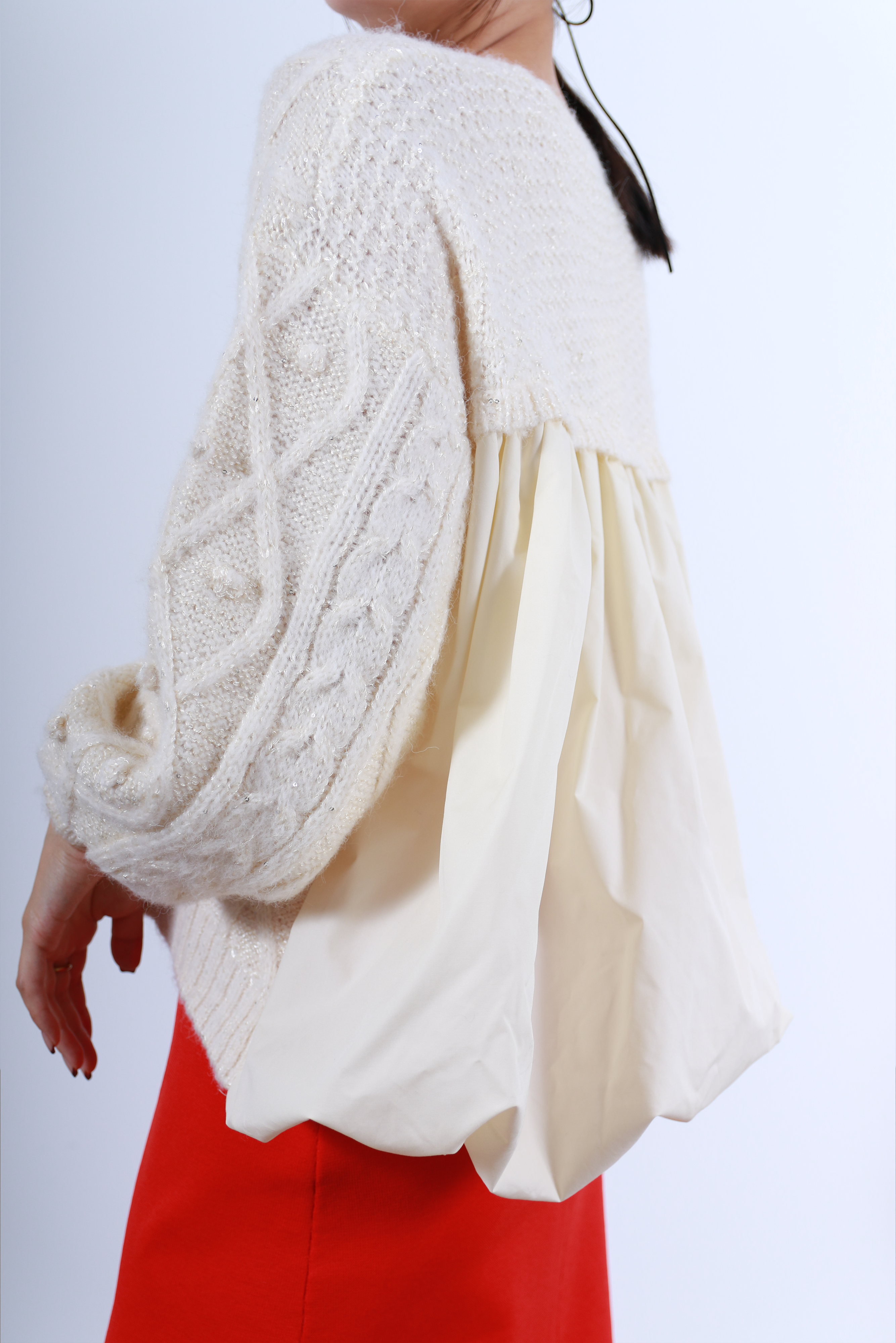 ケーブルニット×後ろバルーン布帛トップス(6263-515)