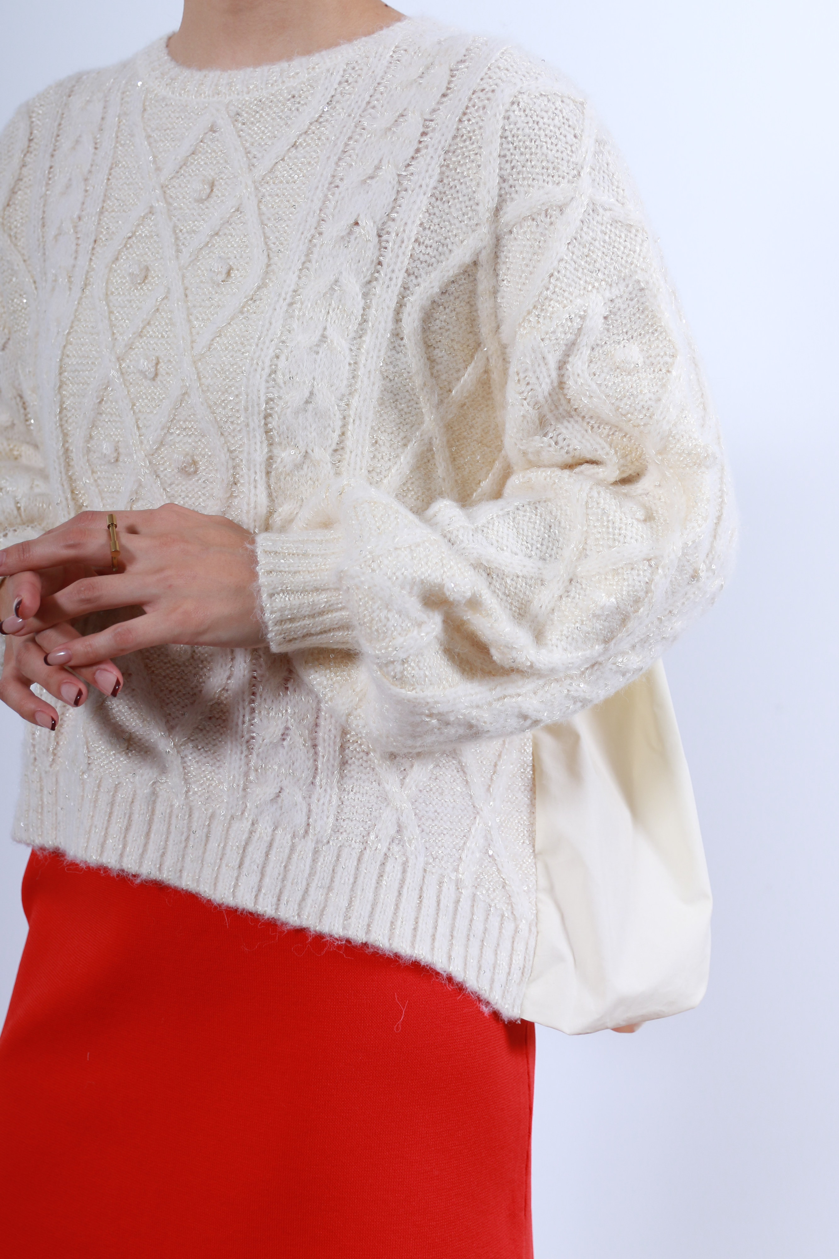 ケーブルニット×後ろバルーン布帛トップス(6263-515)