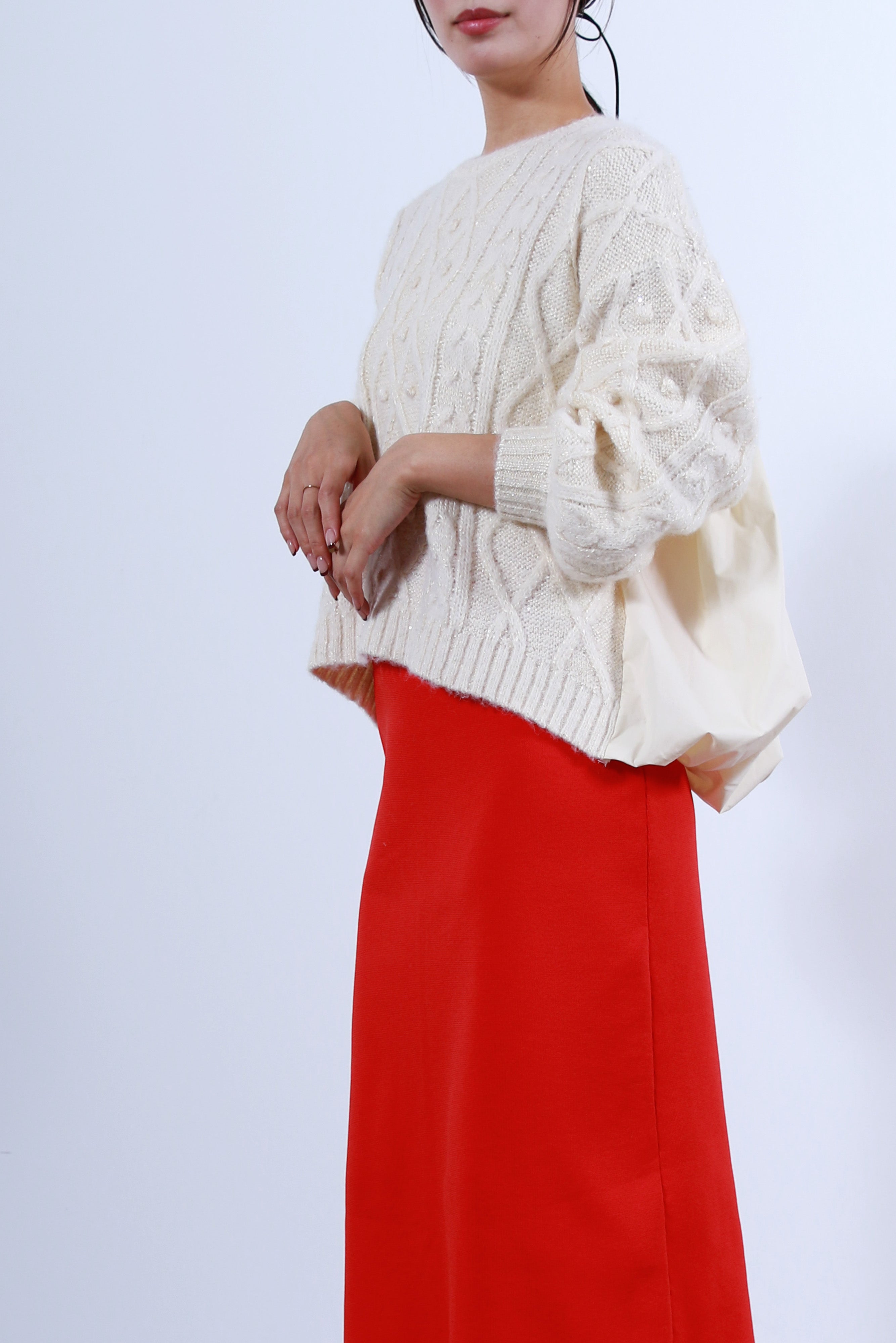 ケーブルニット×後ろバルーン布帛トップス(6263-515)