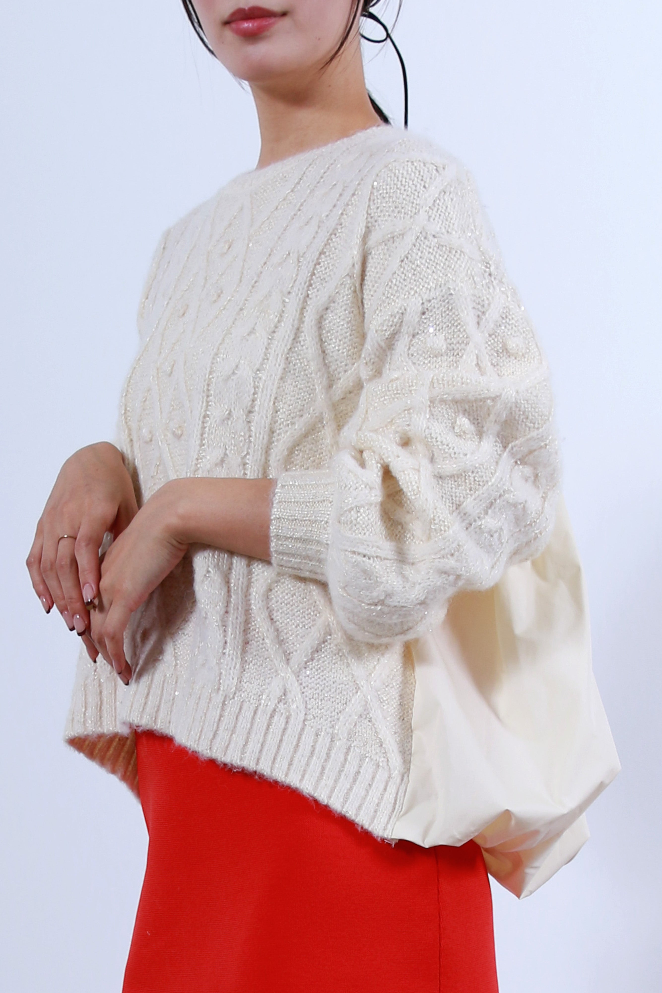 ケーブルニット×後ろバルーン布帛トップス(6263-515)