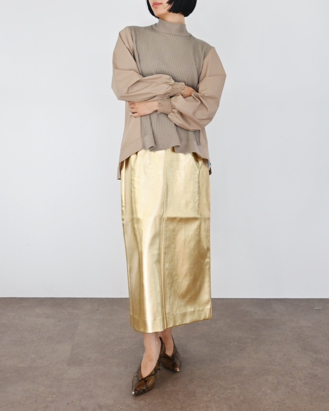 ニット×ブロード布帛 ハイネックブラウス(6255-371 / 6262ー484)