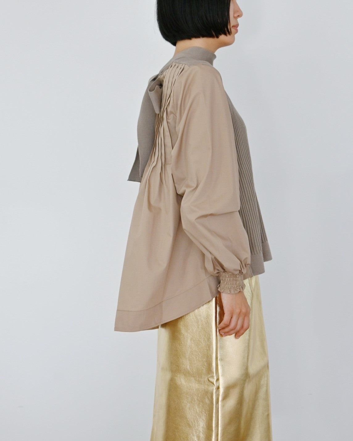 ニット×ブロード布帛 ハイネックブラウス(6255-371 / 6262ー484)