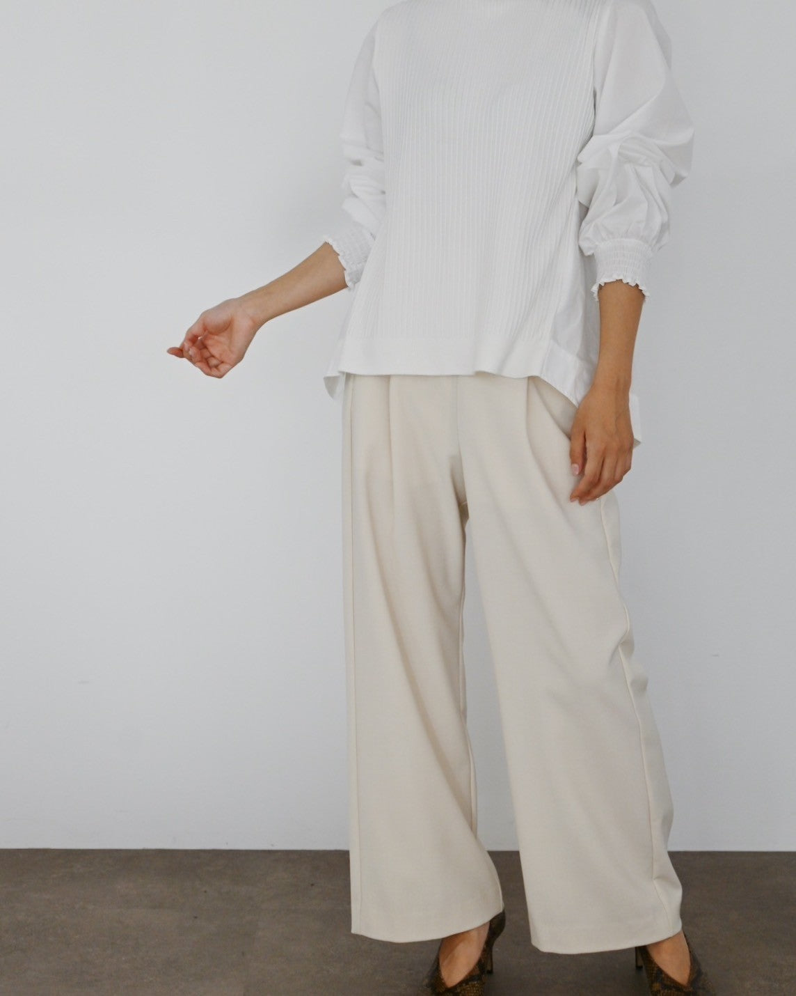 ニット×ブロード布帛 ハイネックブラウス(6255-371 / 6262ー484)