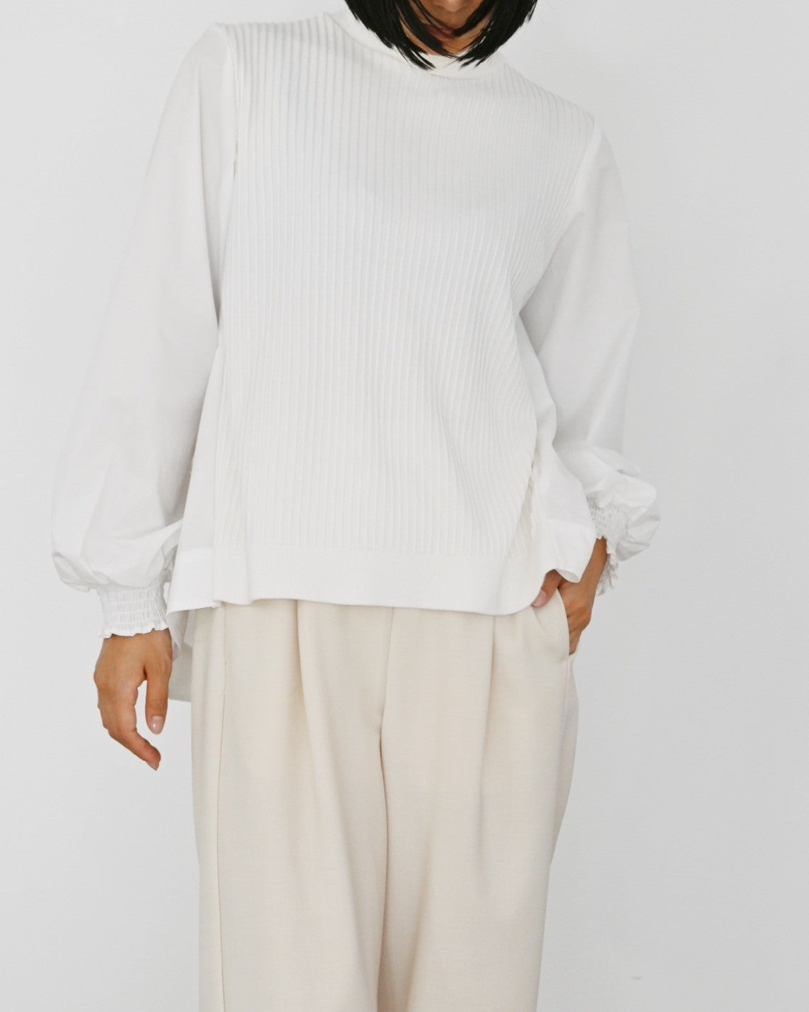 ニット×ブロード布帛 ハイネックブラウス(6255-371 / 6262ー484)