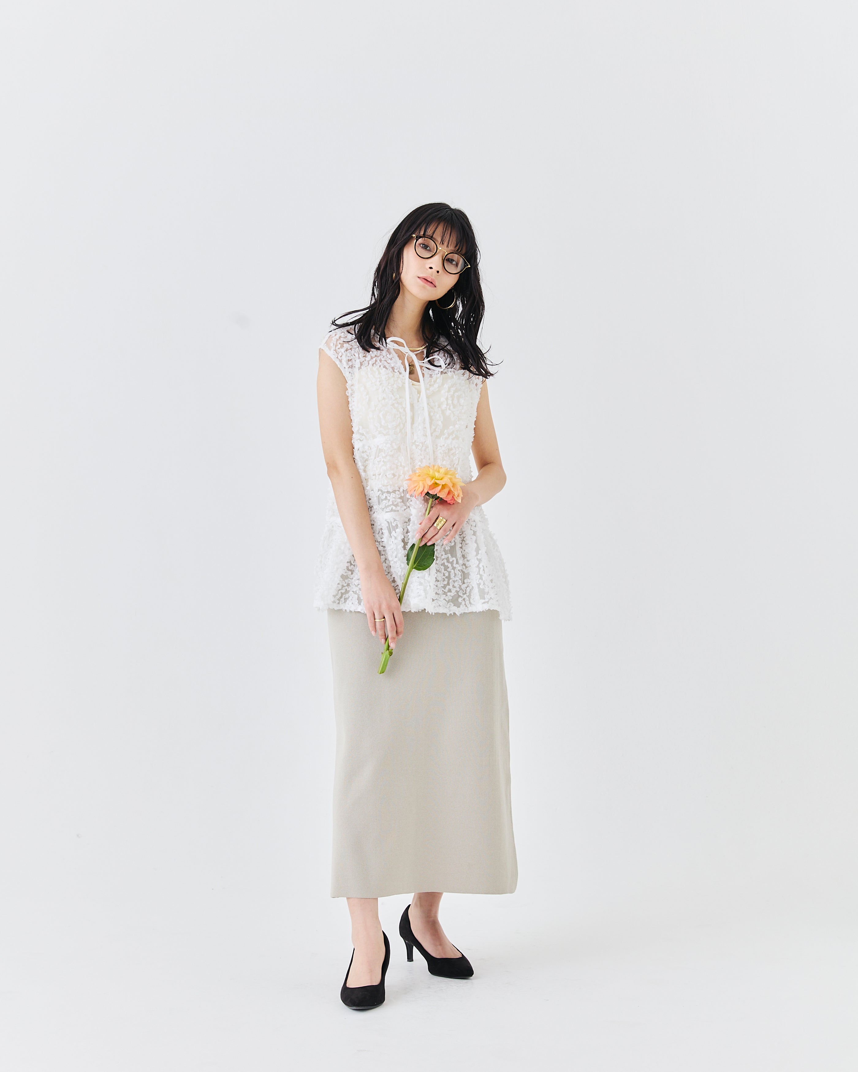 メッシュ刺繍レースノースリーブトップス(6265-571)