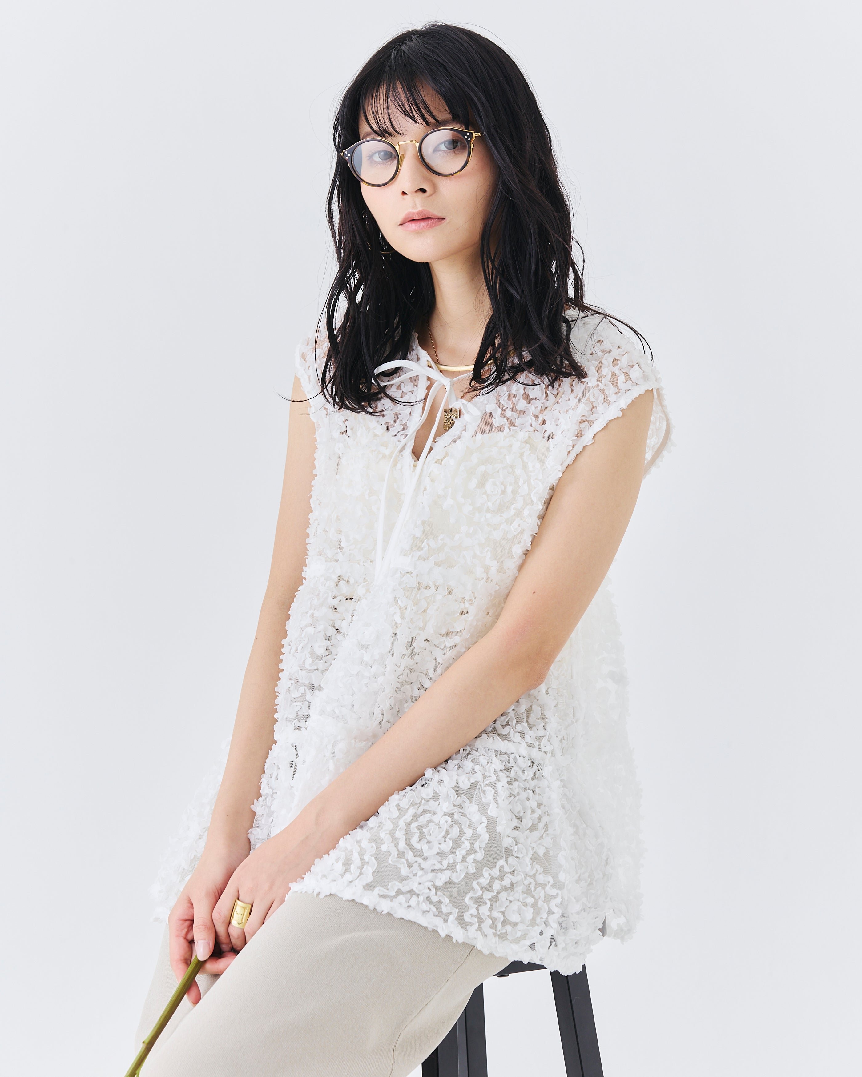 メッシュ刺繍レースノースリーブトップス(6265-571)