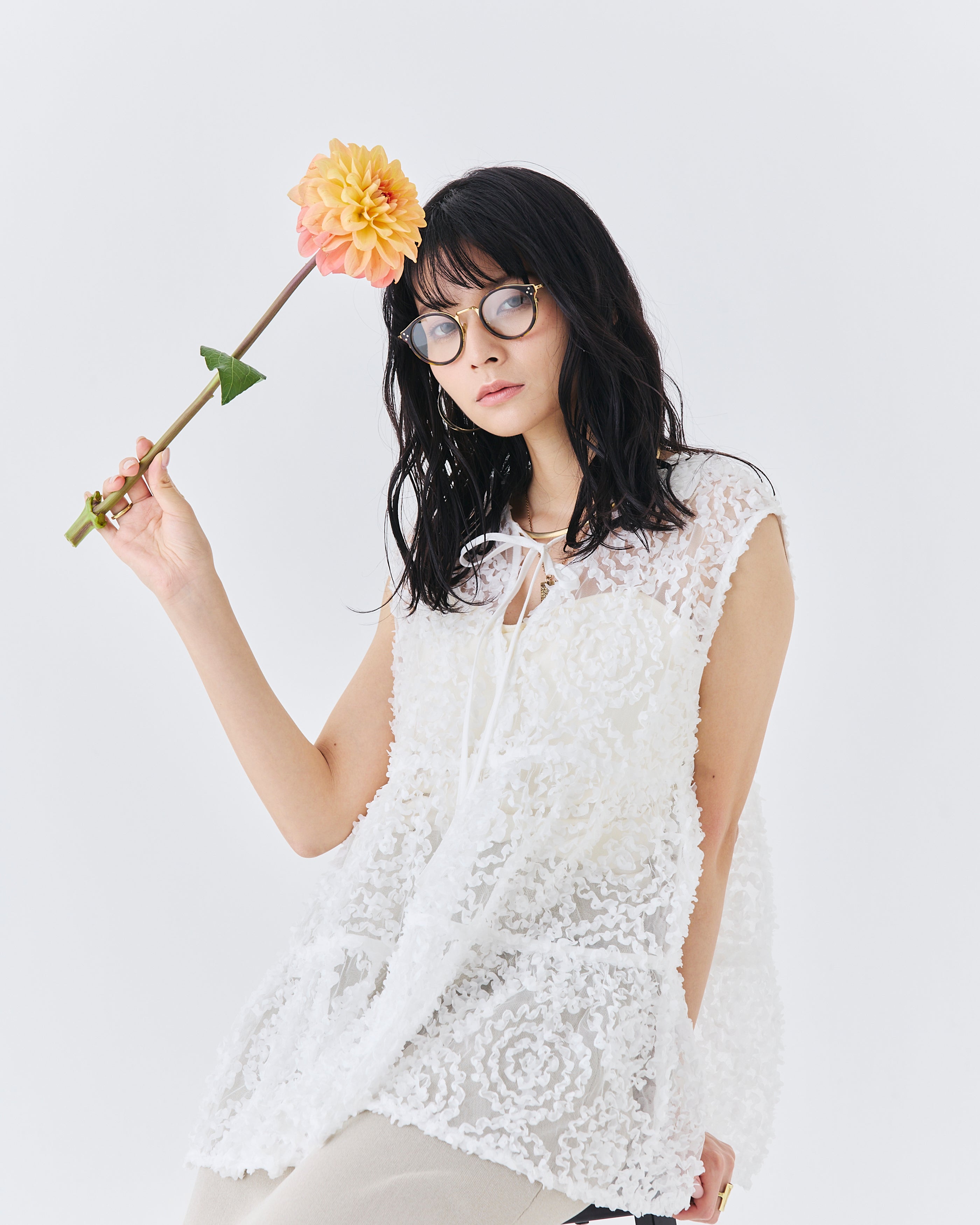 メッシュ刺繍レースノースリーブトップス(6265-571)