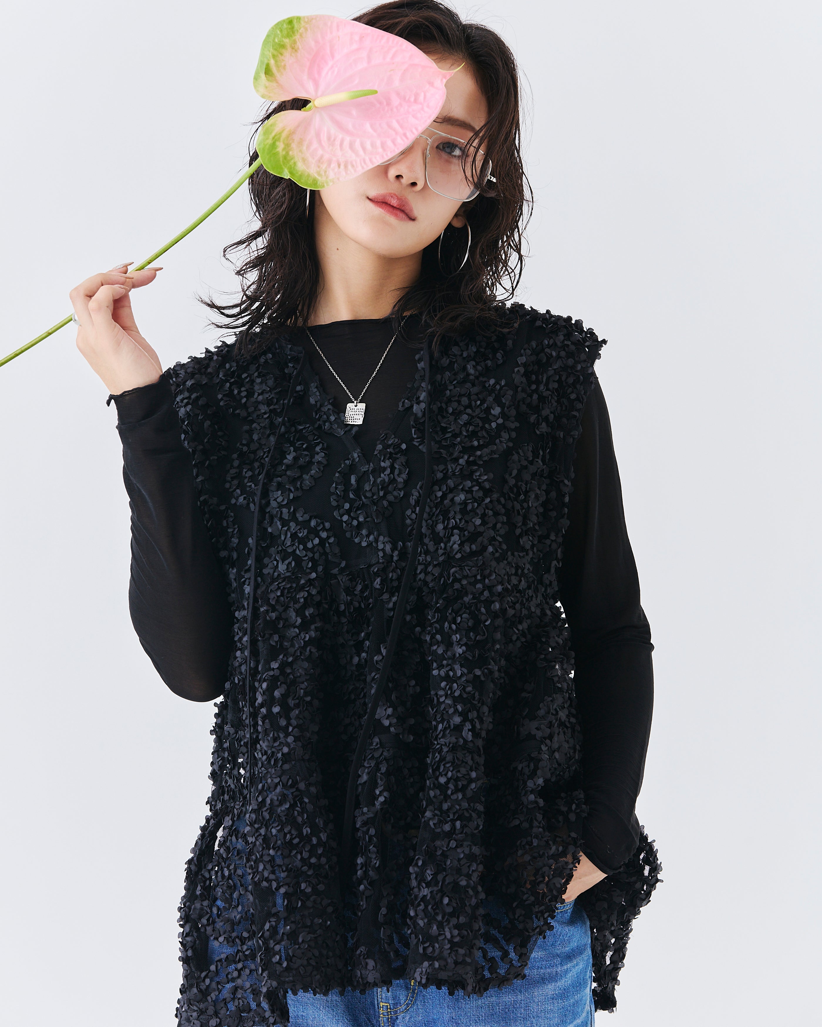 メッシュ刺繍レースノースリーブトップス(6265-571)