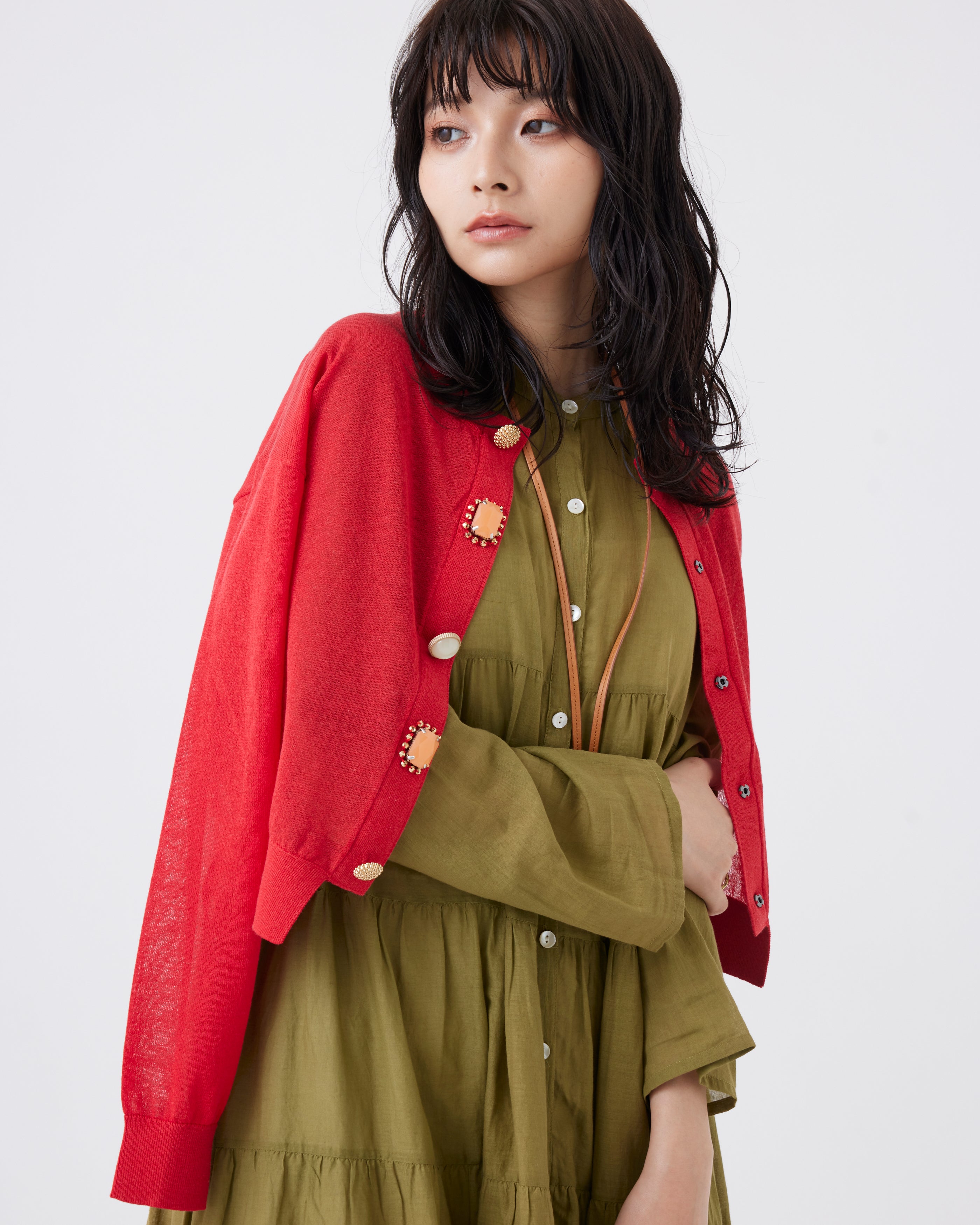 麻混クロップド丈ビジューカーディガン(6251-680)