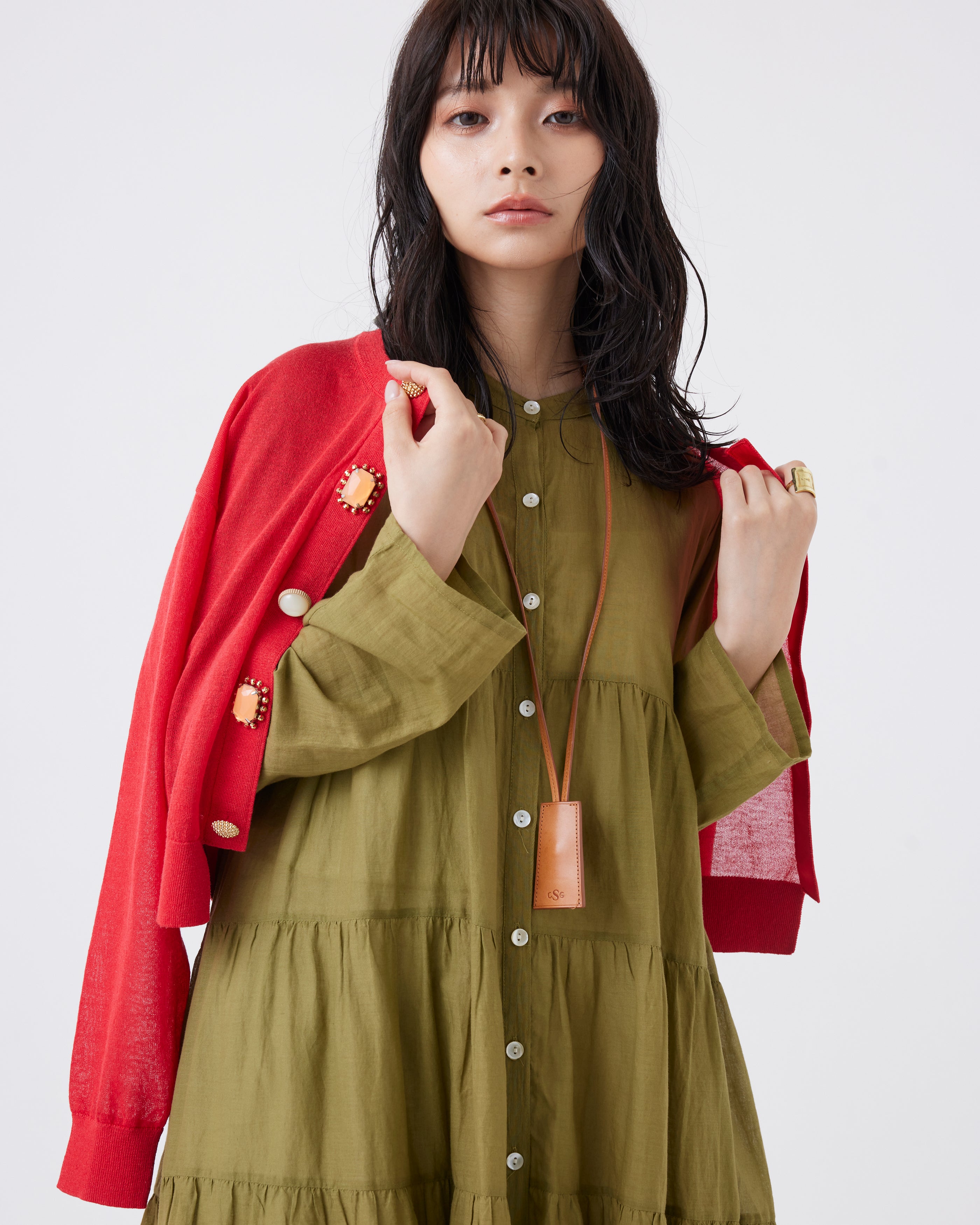麻混クロップド丈ビジューカーディガン(6251-680)