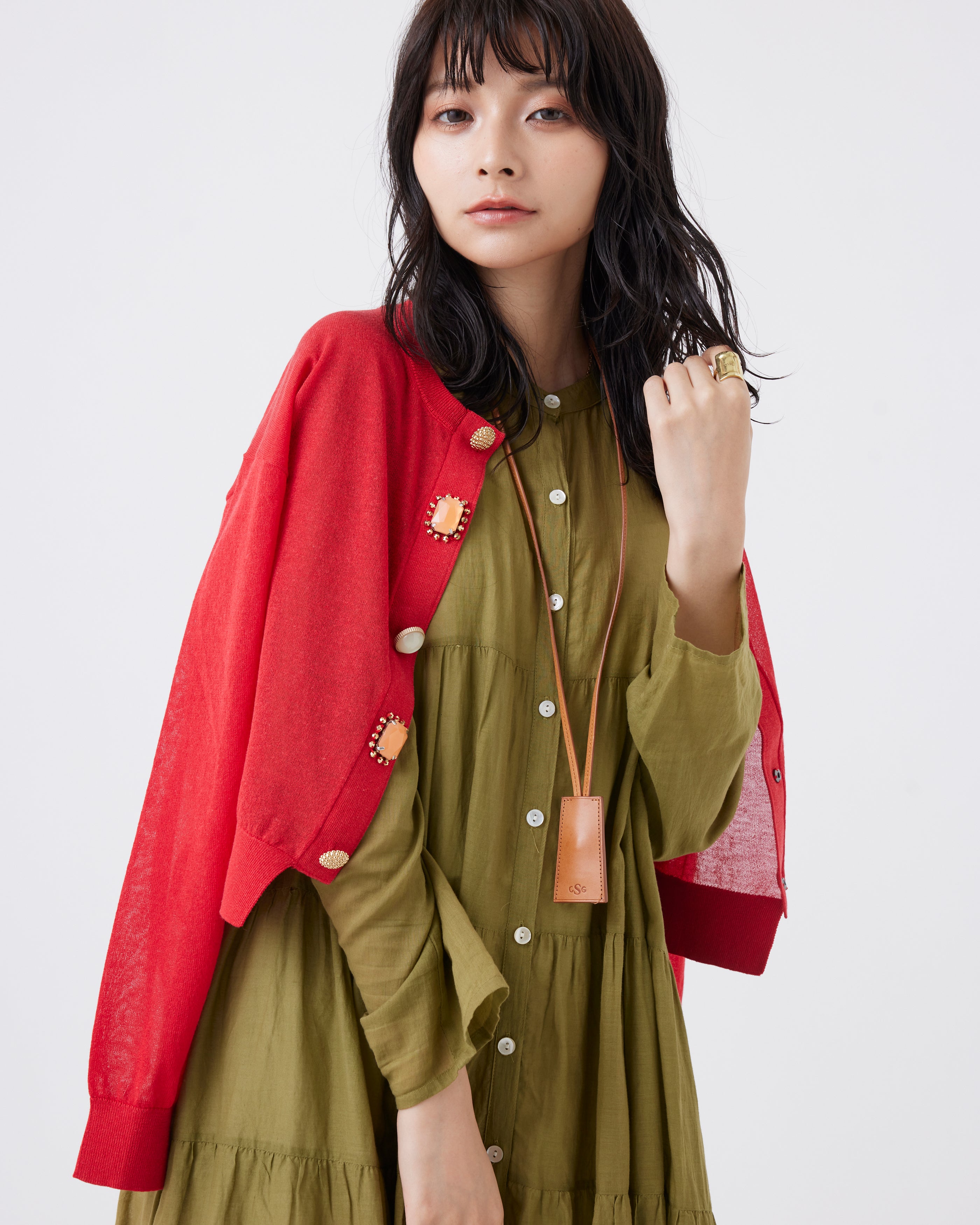 麻混クロップド丈ビジューカーディガン(6251-680)