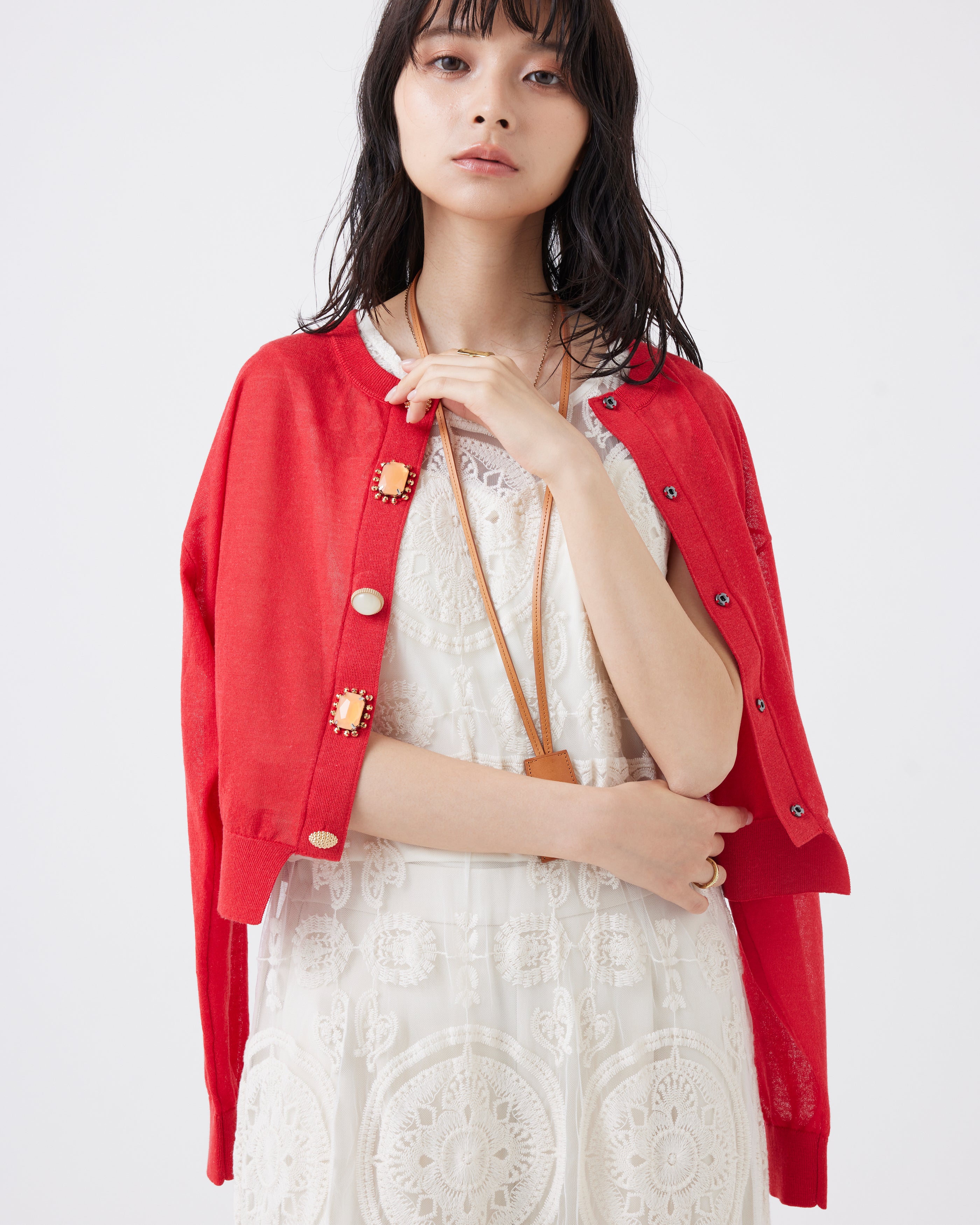 麻混クロップド丈ビジューカーディガン(6251-680)