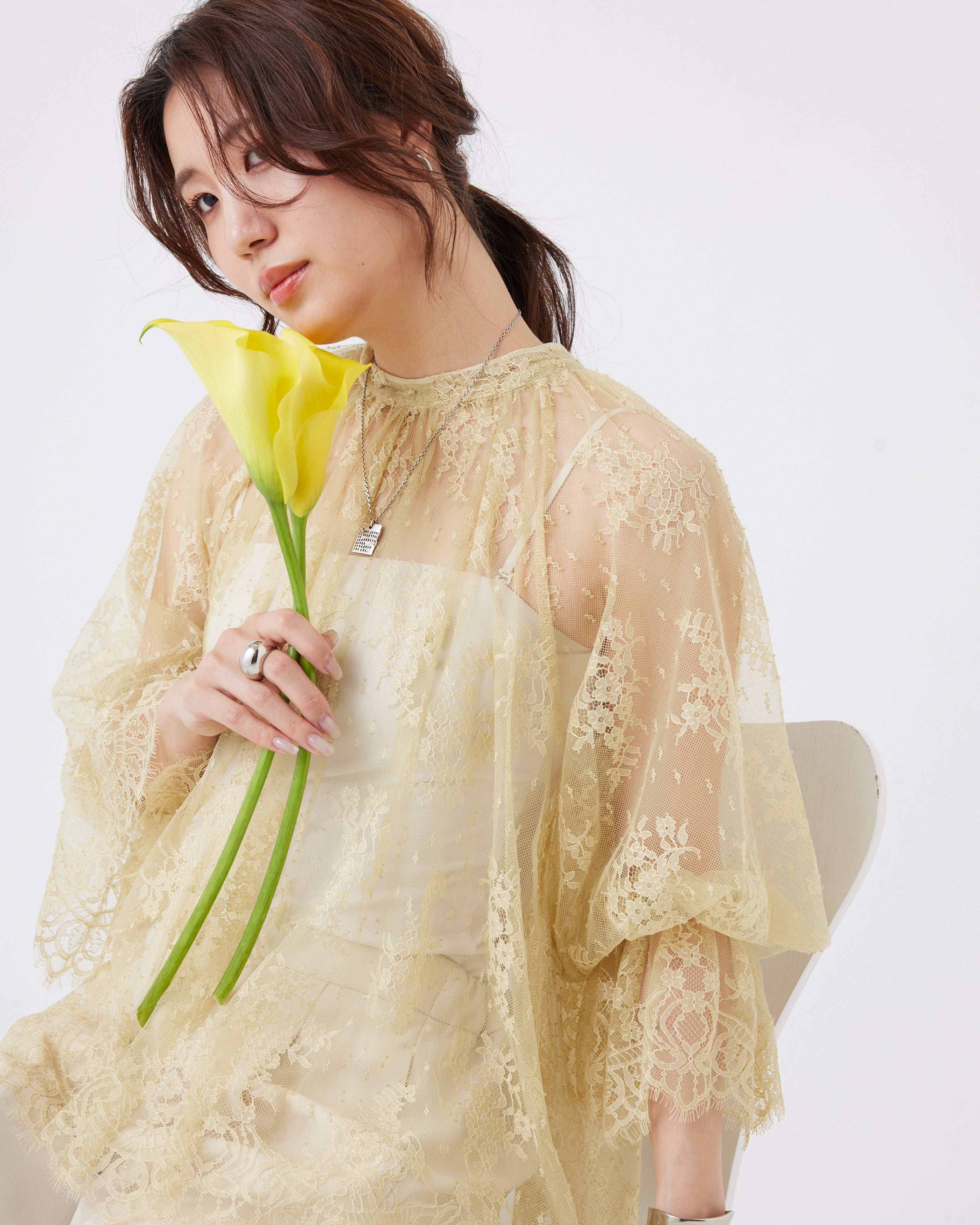ぱーん！Drawar ドゥロワー　レモンイエローレースブラウス　36 美品 ドゥロワー レースヘムスカラップブラウス レディース SIZE 38 (M