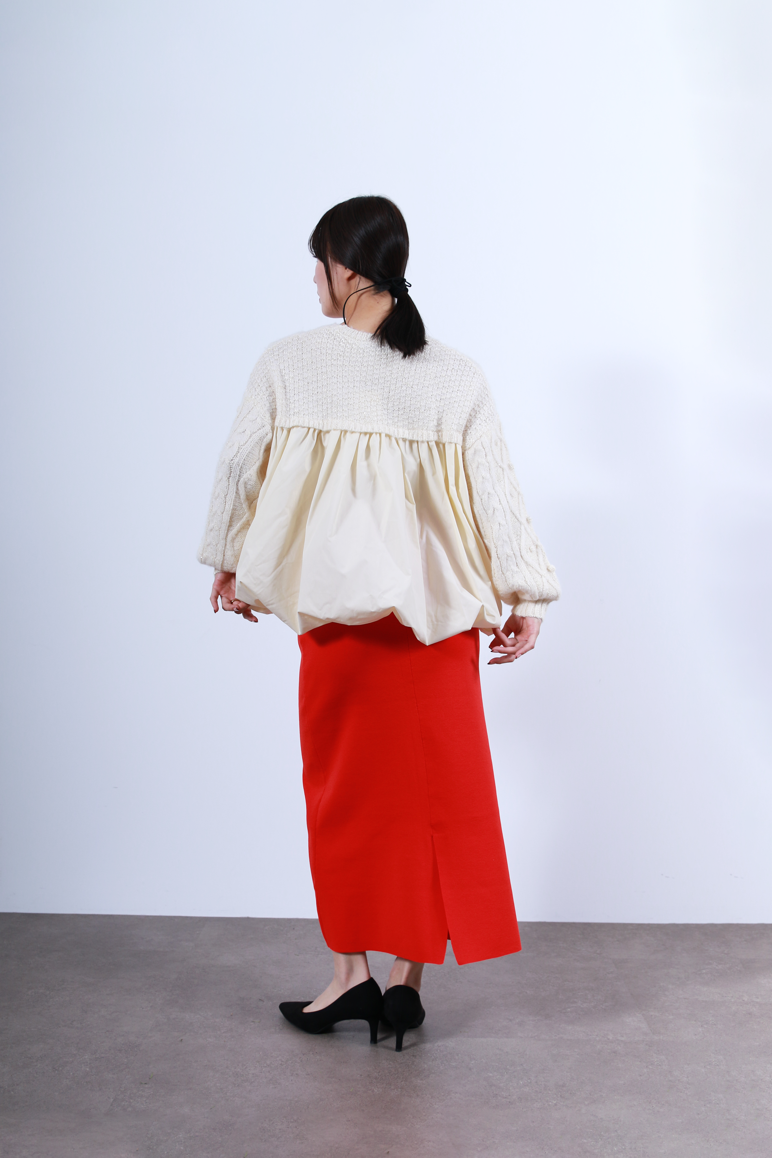 ケーブルニット×後ろバルーン布帛トップス(6263-515)