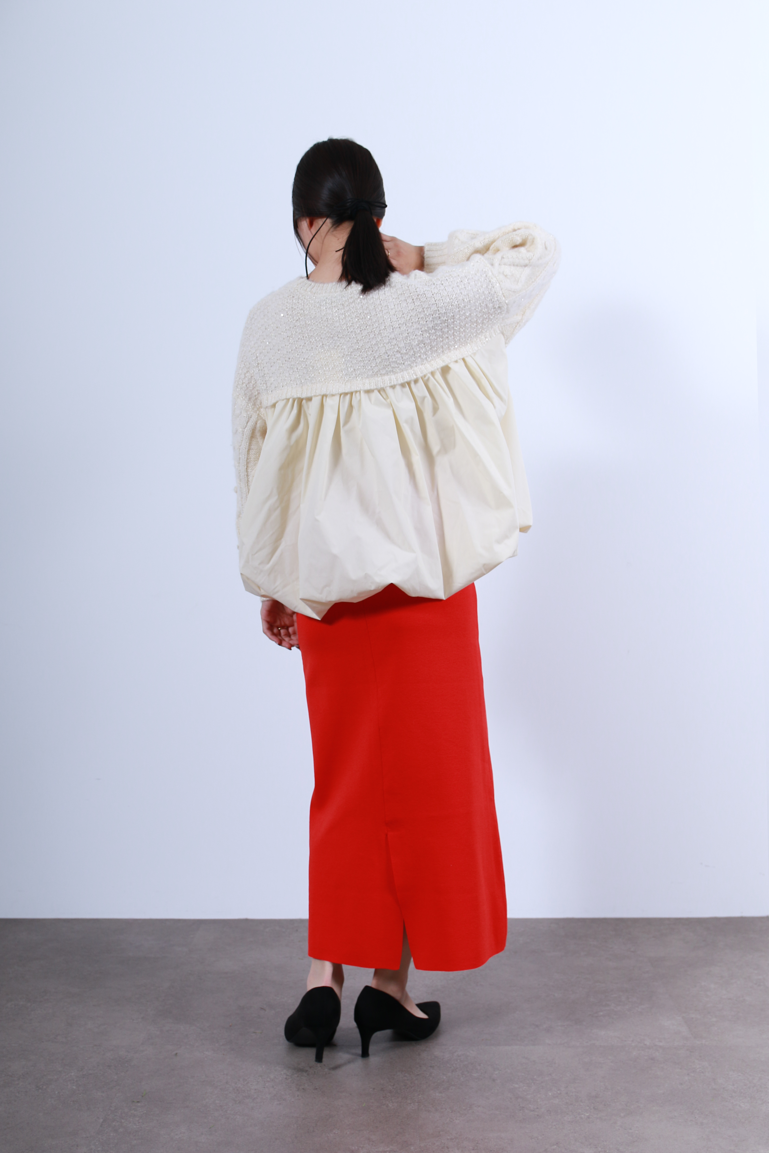 ケーブルニット×後ろバルーン布帛トップス(6263-515)