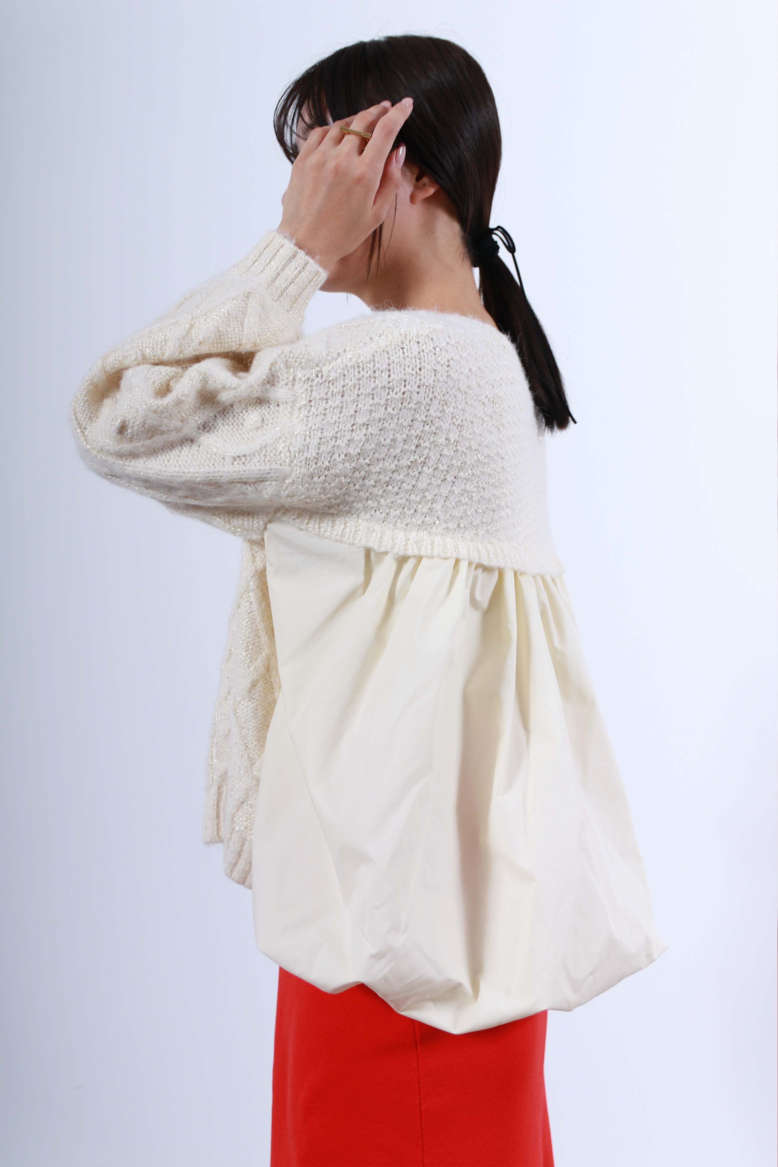 ケーブルニット×後ろバルーン布帛トップス(6263-515)