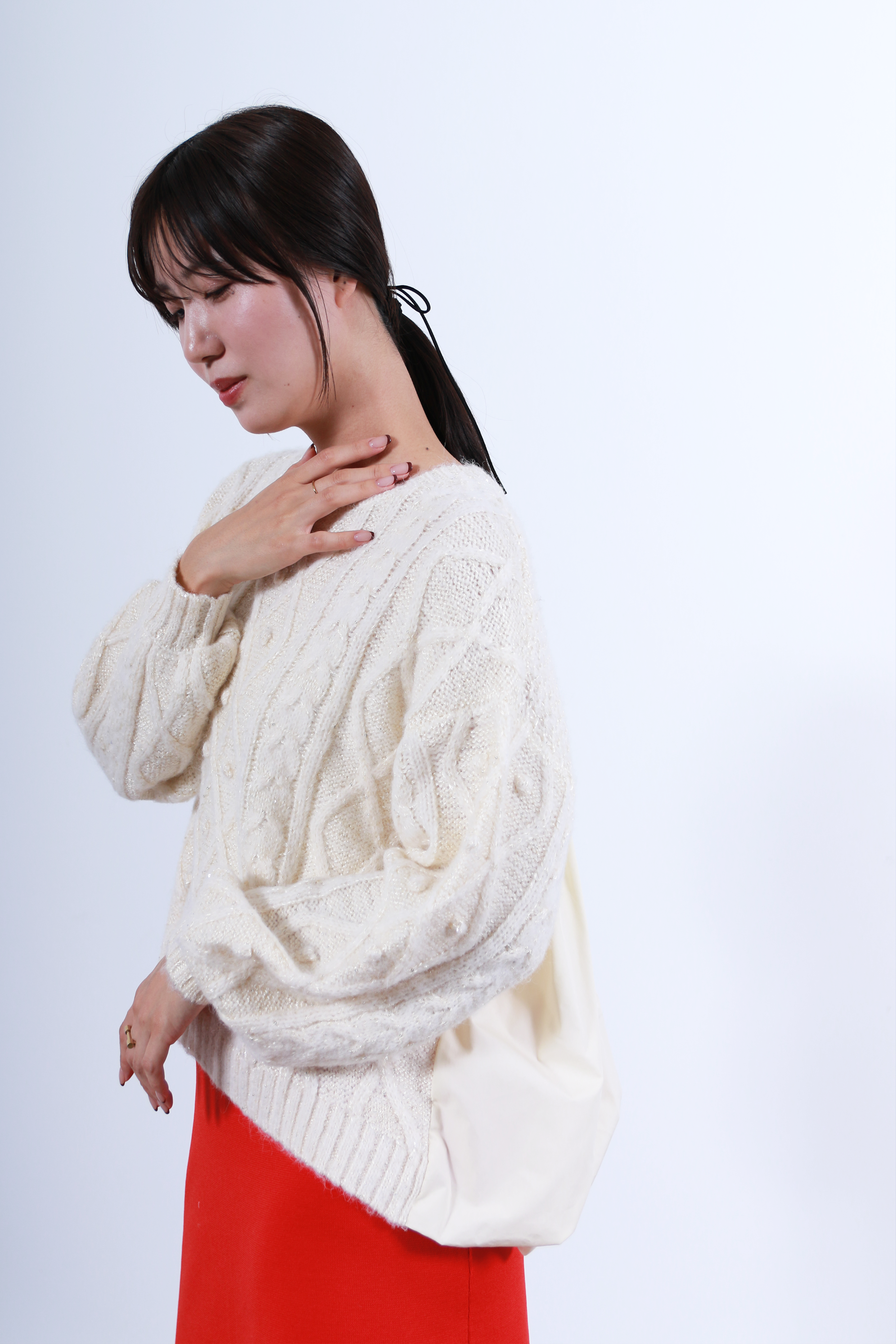 ケーブルニット×後ろバルーン布帛トップス(6263-515)